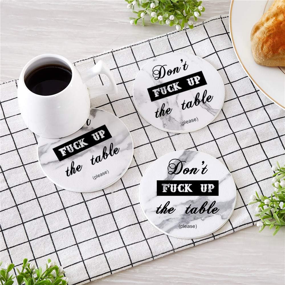 Black Friday - 50% OFF Thipoten Funny Coasters, 6 Pcs Leather Coasters with Holder, Perfect Housewarming Hostess Gifts, Protect Furniture from Water Marks Scratch and Damage(6Pcs, White Marble)