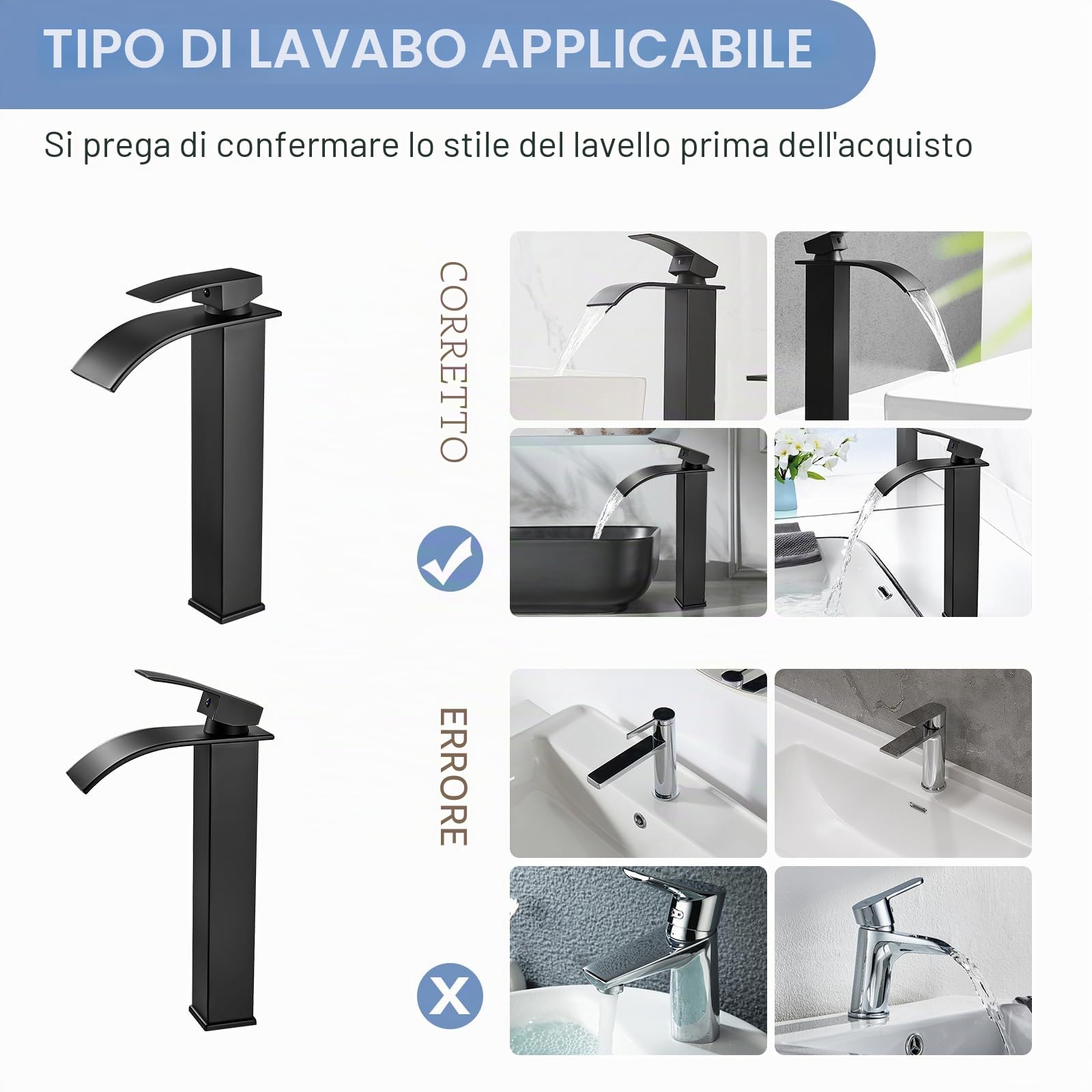 Rubinetto Bagno Cascata Nero, Coleniny Miscelatore Lavabo Bagno, Rubinetto Bagno Lavabo Alto con altezza bocca 235mm, Miscelatore Monocomando per Bagno Può Regolazione a Caldo e Freddo G3/8