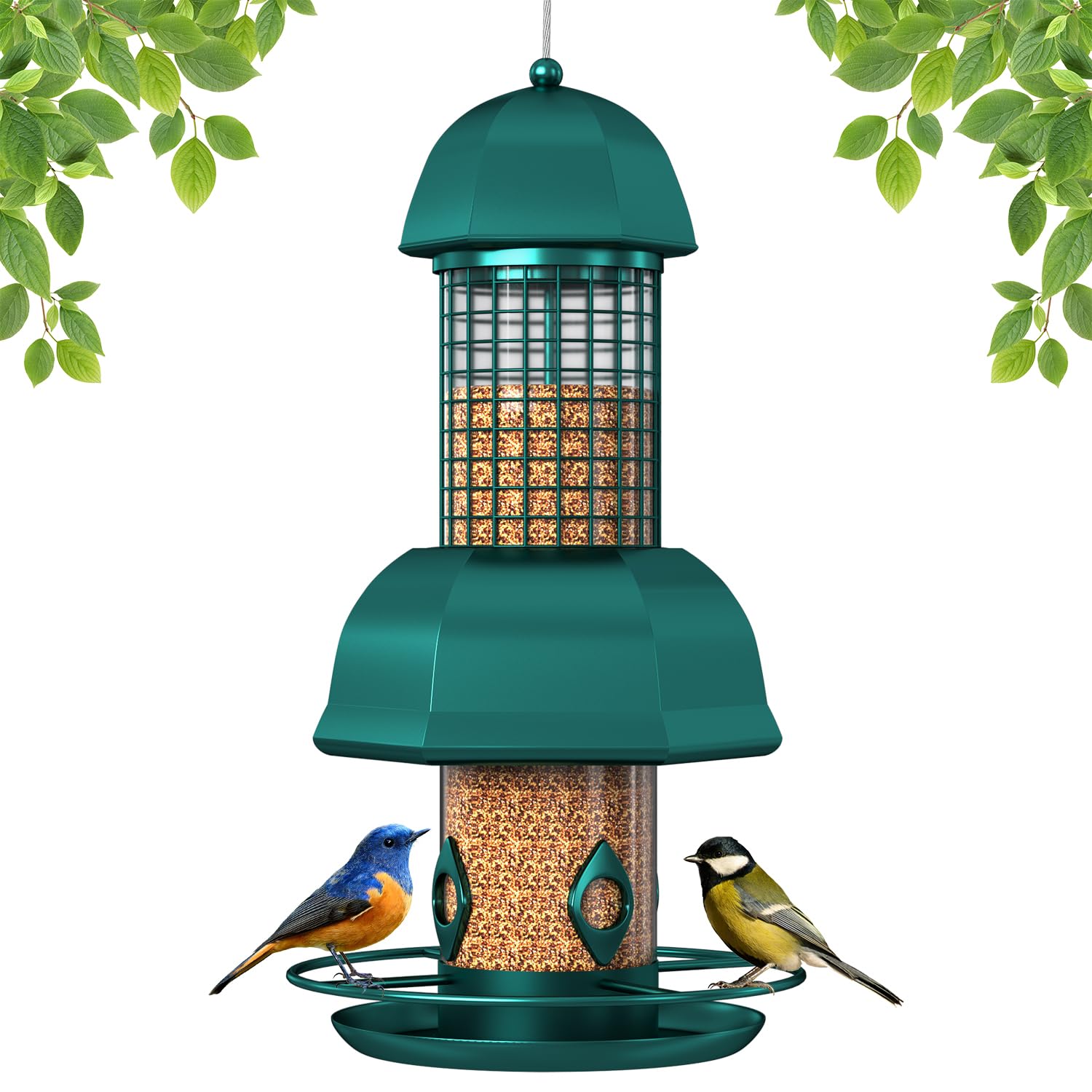 Squirrel Proof Bird Feeders for Outdoors Hanging, Metal Hanging Wild Bird Feeders 3LB Large Capacity, Bird Feeder Squirrel Proof 4 Ports Chew-Proof.