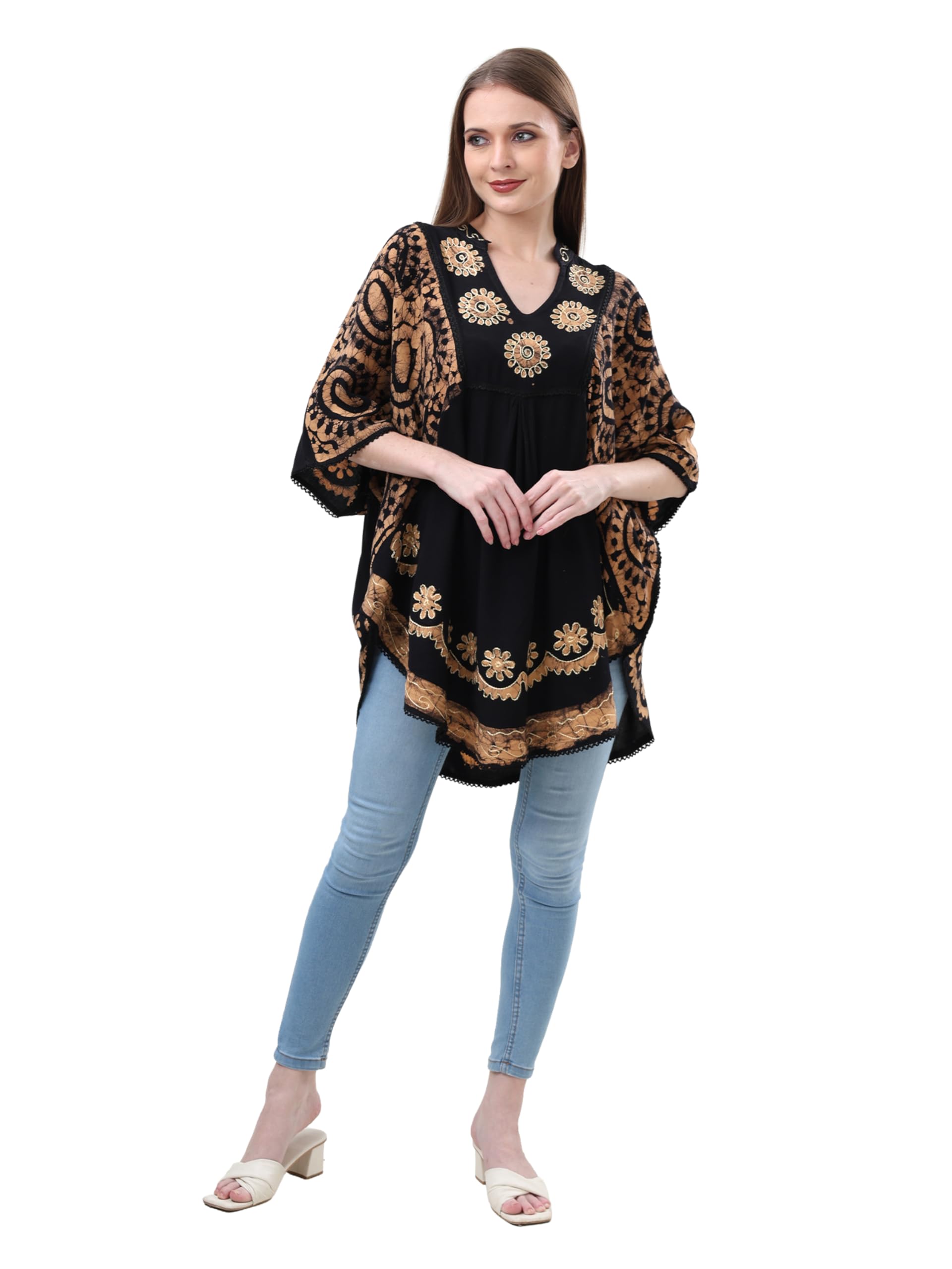 fashion junglee Women's Boho Poncho Top, Black and Gold Floral Pattern, V-Neck Tunic, Free Size, Party and Casual Wear-picture-43