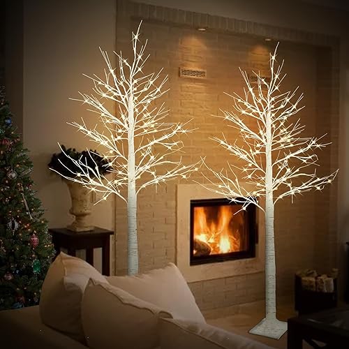 Miniatura 7 de Paquete de 2 árboles de abedul de 6 pies con luces, decoraciones de árbol de Navidad preiluminadas, árbol artificial iluminado para decoración de