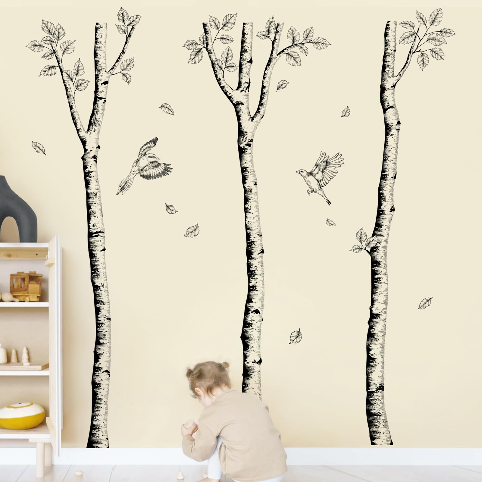 Stickers Muraux Bouleaux Et Oiseaux - 240 Cm De Haut, Vinyle Amovible Sans Trace, Décoration Naturelle Pour Chambre Ou Salon