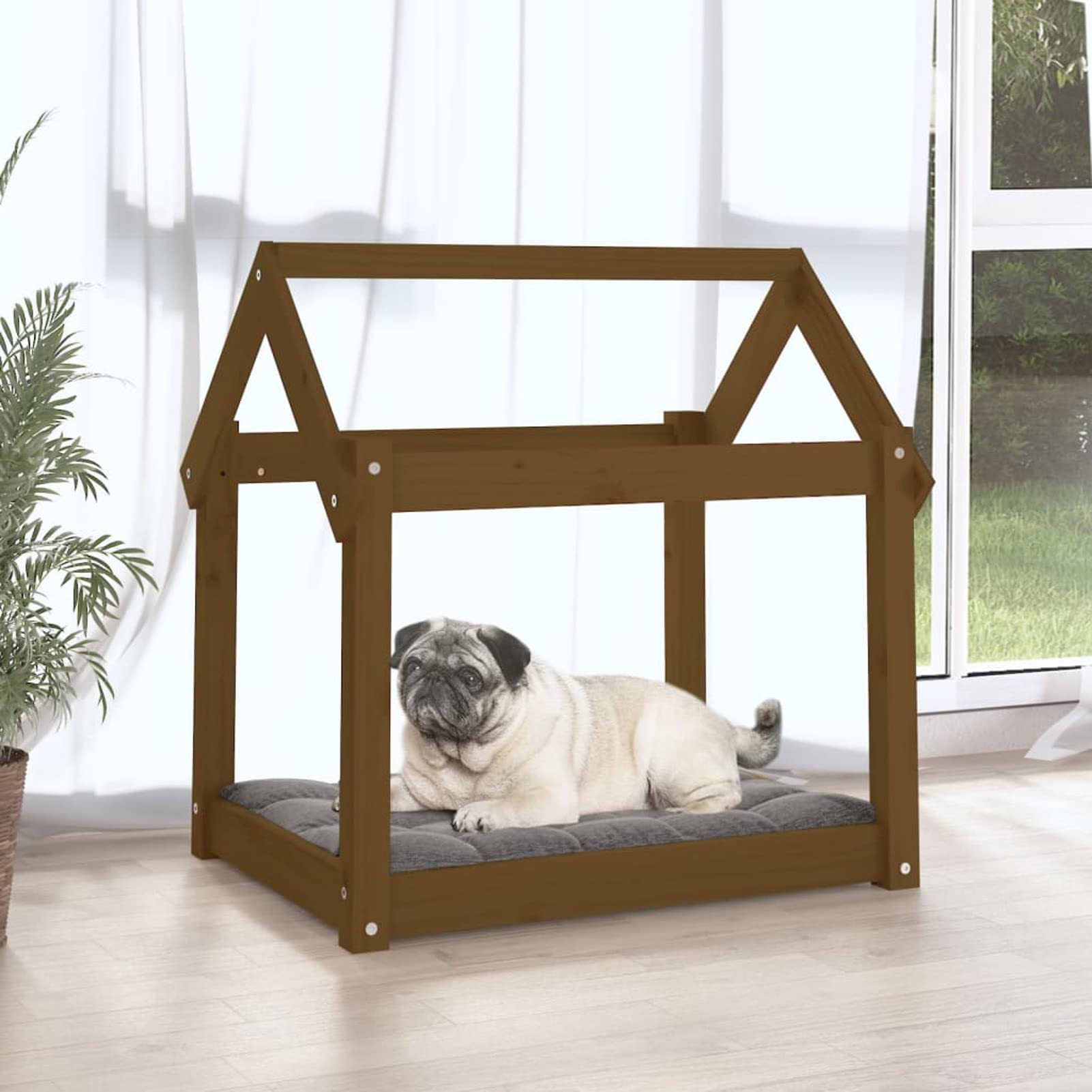 LAPOOH Cama para Perros Madera Maciza Pino marrón Miel 71x55x70 cm, Colchon Perro, Cuna Perro, Cama Mascota, Dog Bed, Cama para Perros Y Gatos