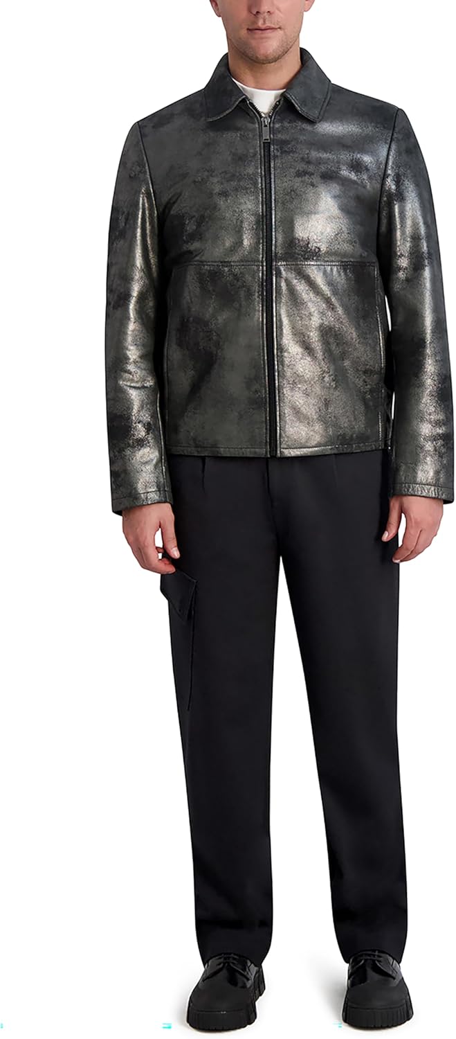 Karl Lagerfeld Mens Shirt Collar Silver Leather Jacket