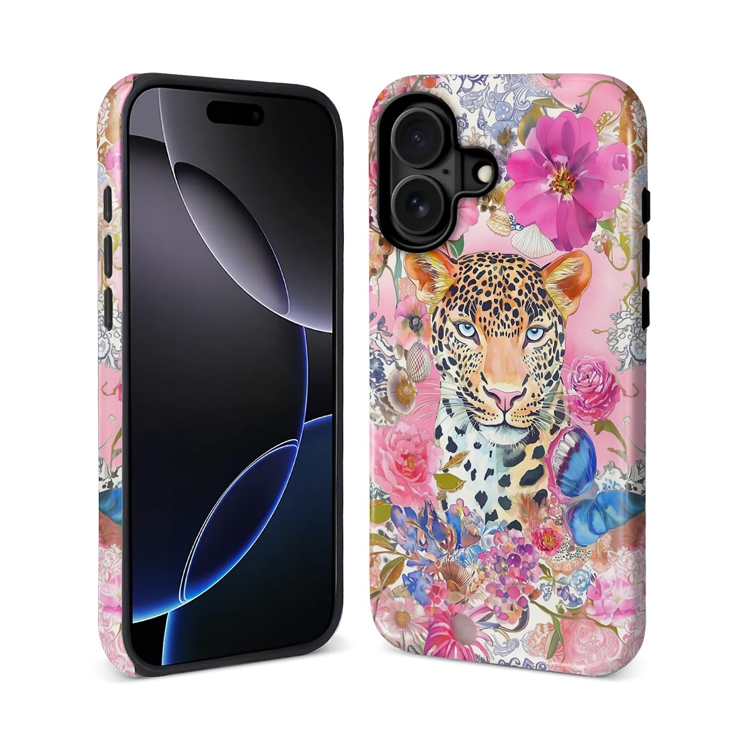 Goodsprout for iPhone 16 Case for MagSafe Glossy Hard Shell Acrylic and Silicone Soft Shell Combination Phone Style 2-in-1 Cheetah Pink Flower Floral