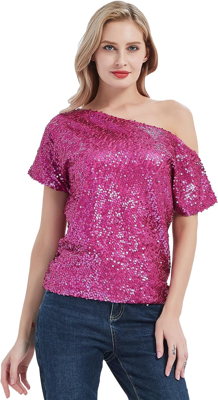 Anna-Kaci Womens Short Sleeve One Shoulder Sparkly Glitter Sequin Top Shirt Blouse
