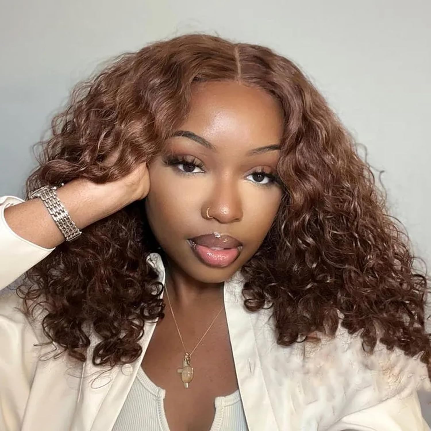Perruque Femme Naturelle Pre Cut Sans Colle 4x4 Lace Wear to Go Chocolate Brown Bresilienne Bouclée Cheveux Humain Pre Plucked Deep Curly 12 Pouce Glueless Lace Bob Wig
