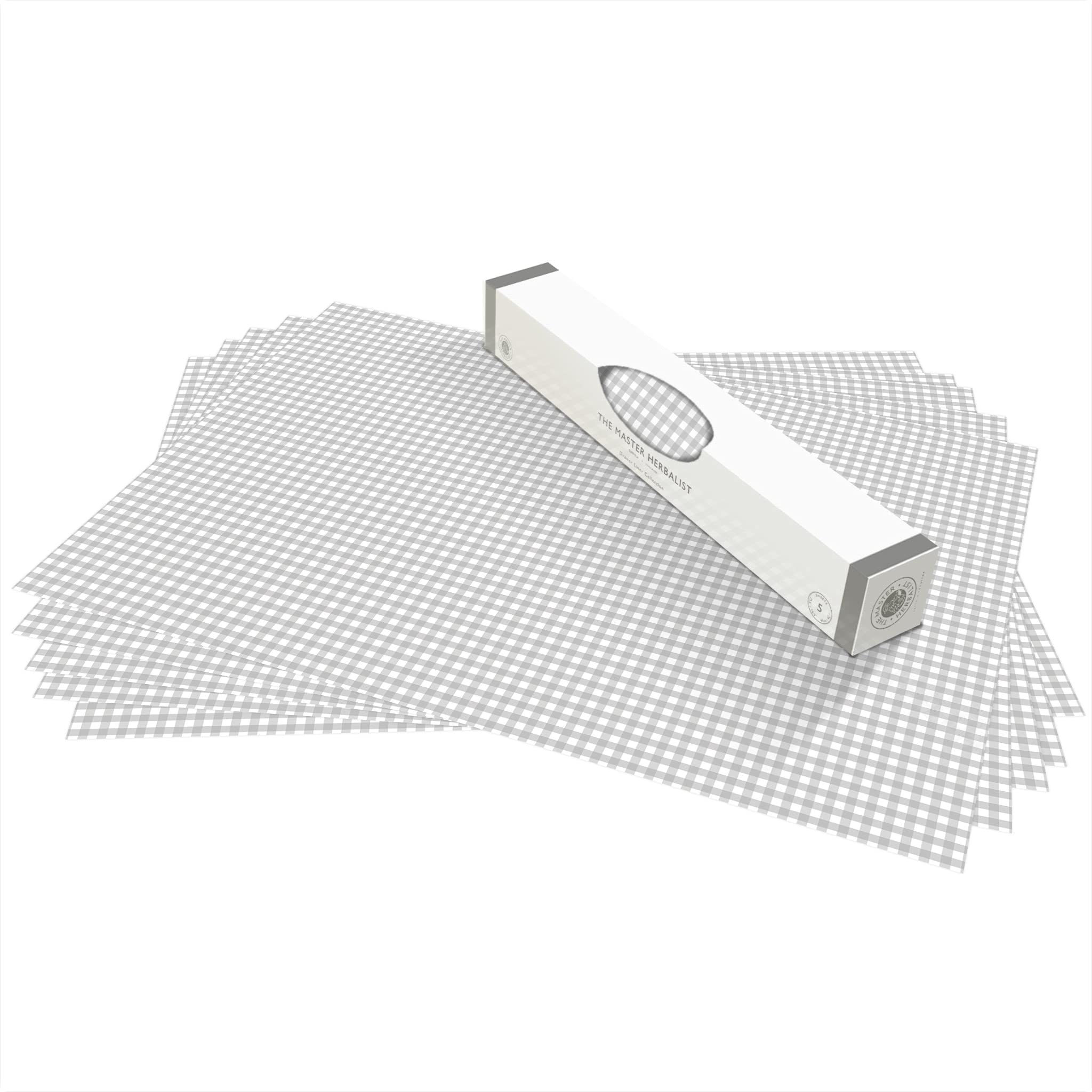 The Master Herbalist Soft Grey Unscented & Wipe Clean Drawer Liners In A Gingham Design - Perfect For Kitchen Drawers, Shelves, Cupboards & Cabinets. Contains 10 Sheets. Made In The Uk.