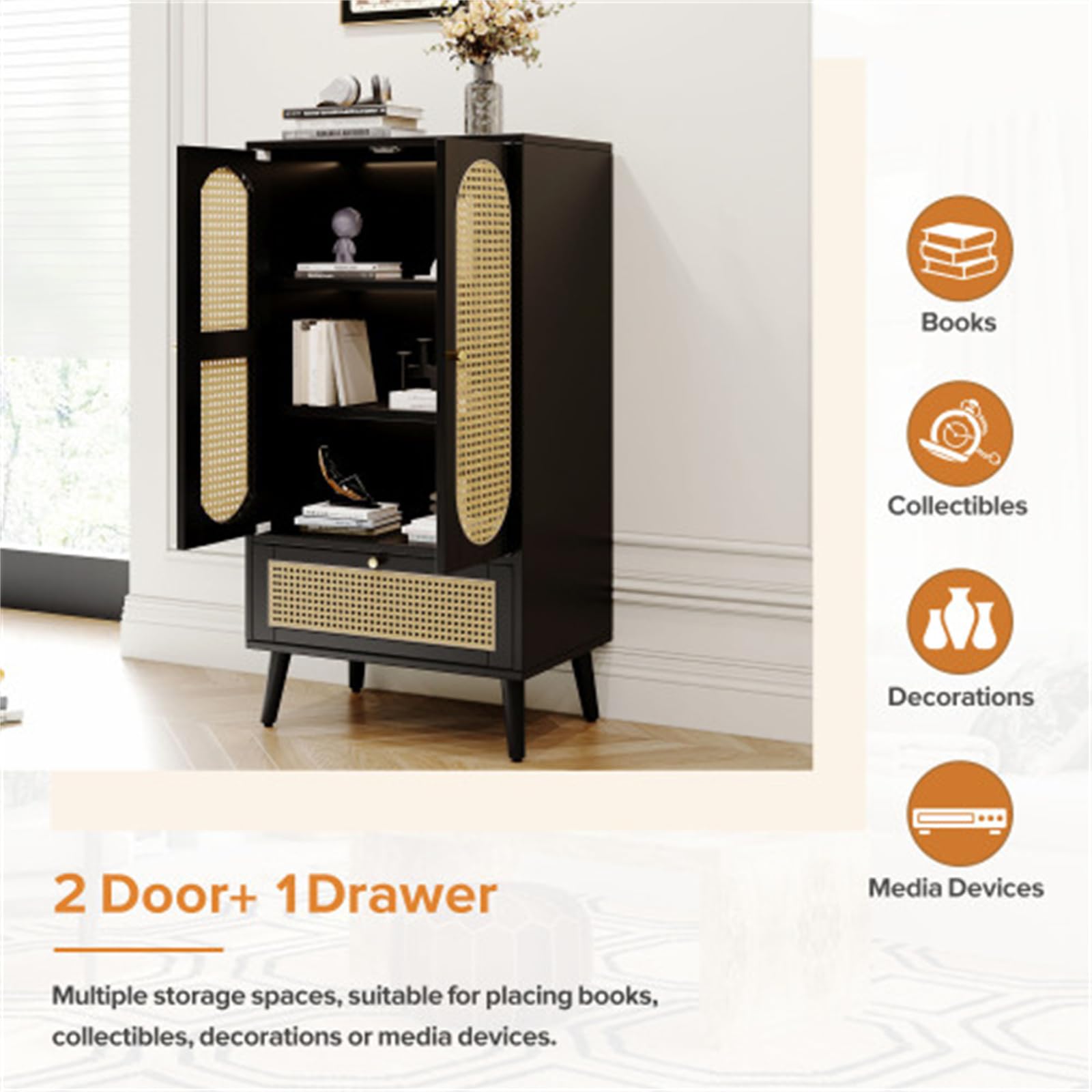 Credenza in Rattan Nero, Piccolo Mini Mobile da Ingresso, Mobile Verticale con più Vani Portaoggetti, Adatto per Soggiorno, Camera da Letto, Corridoio