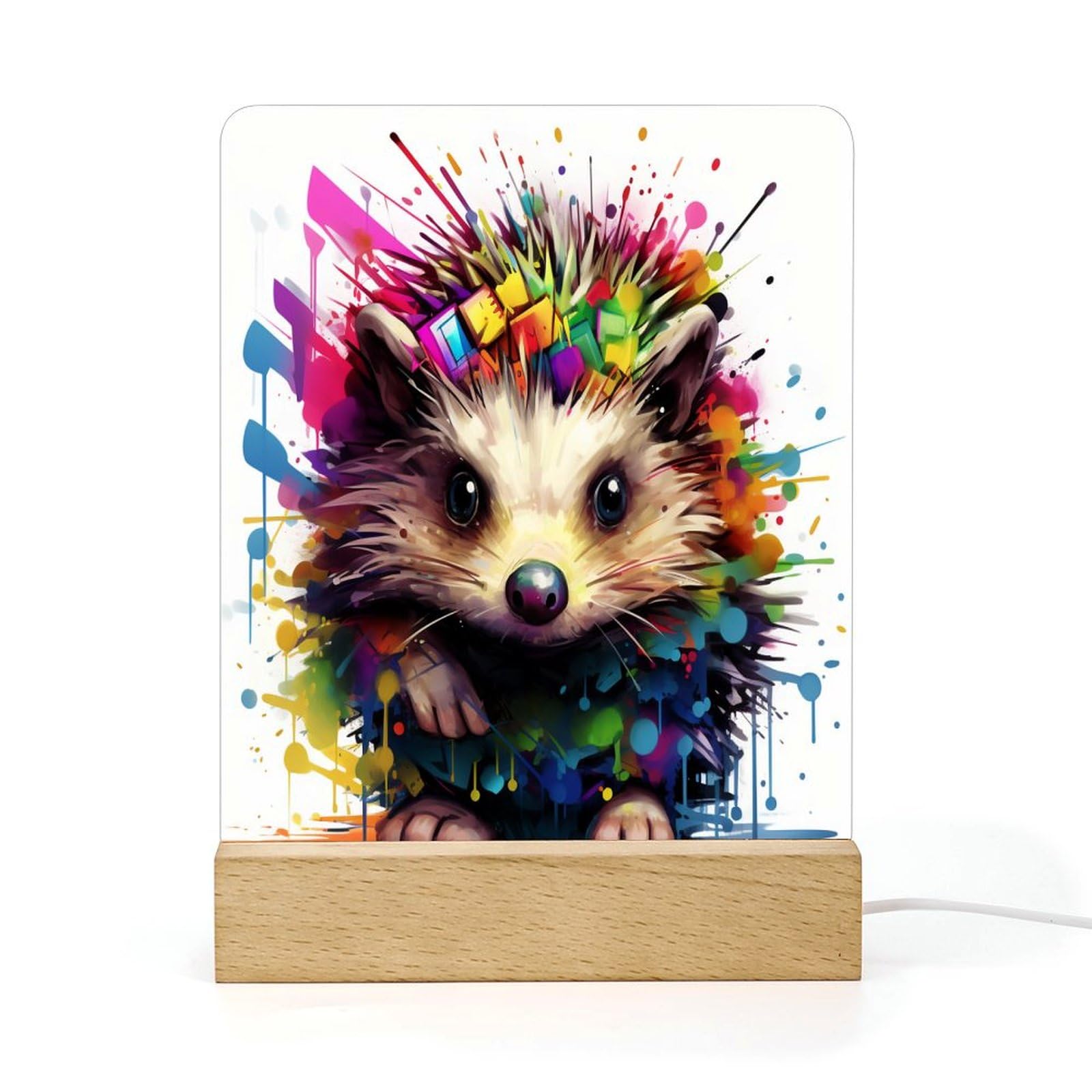 Lorolivier Hedgehog Acrylic Night Light Gift for Women Friend Birthday Present USB Warm White Wooden Base Children Table Light Desk Lamp Anniversary Christmas