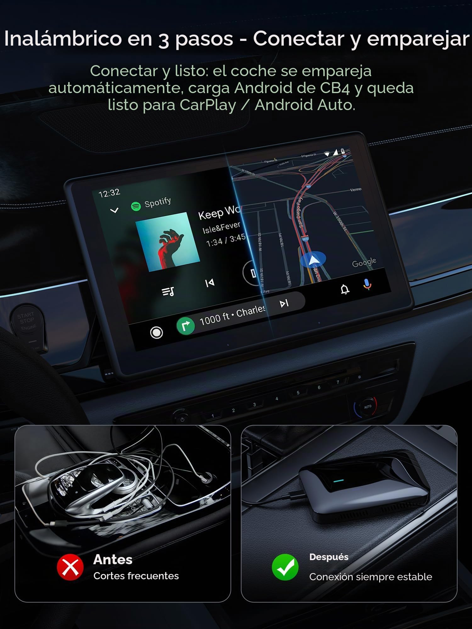 Adaptador inalambrico CarPlay，AI Box Android Auto inalambrico，Wireless CarPlay Adaptador Compatible con Netflix/Youtube/TikTok，4G+32G，DriveChat AI, Doble Wi-Fi，Bloqueo Bluetooth CB4B