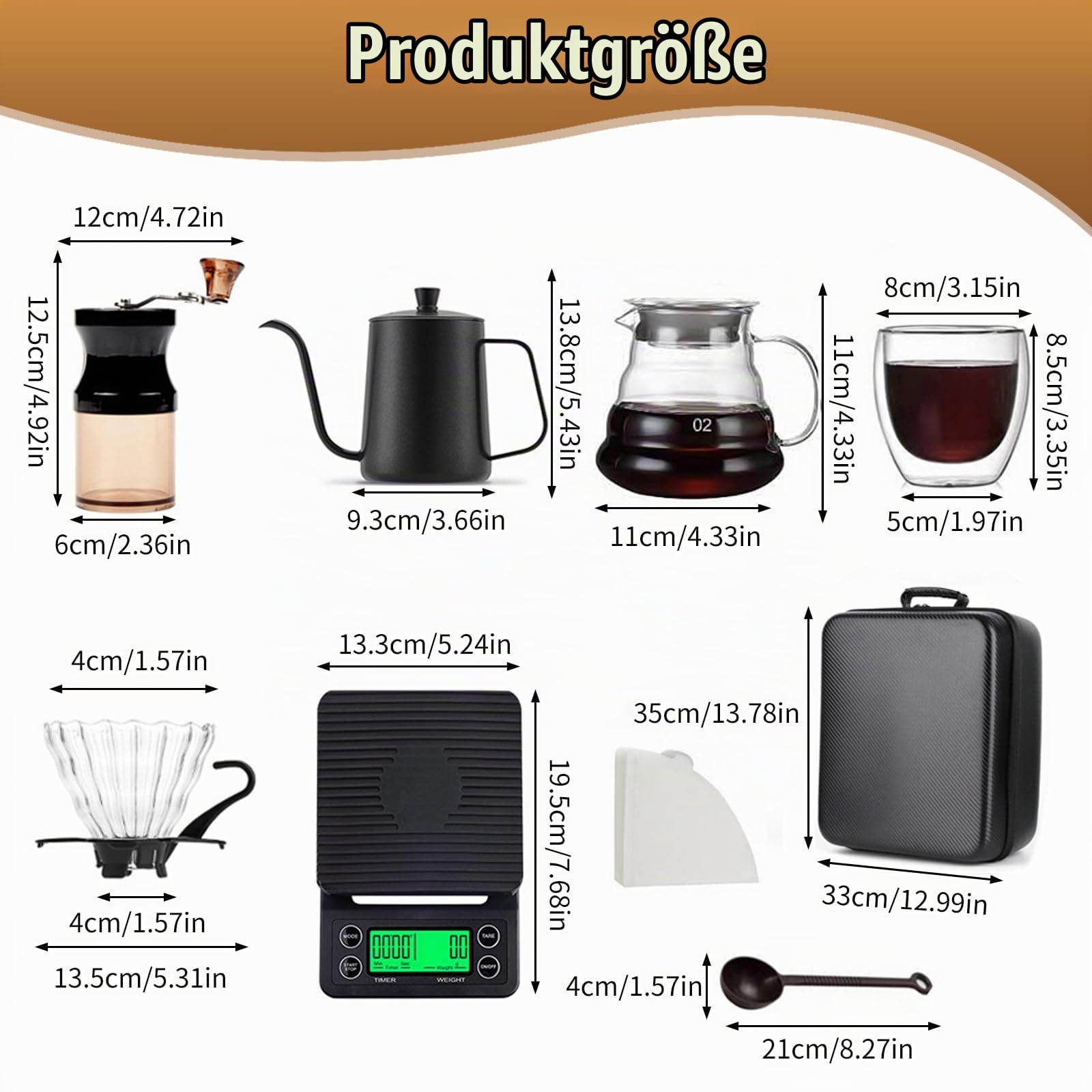 8-Teiliges Handgebrühtes Kaffee-Set, Tragbares Multifunktionales Kaffeemahlen, Handbrühwerkzeug Set, Komplettes Zubehör für Kaffeeliebhaber, Für Innen- und Außenbereich, Picknicks und Reisen