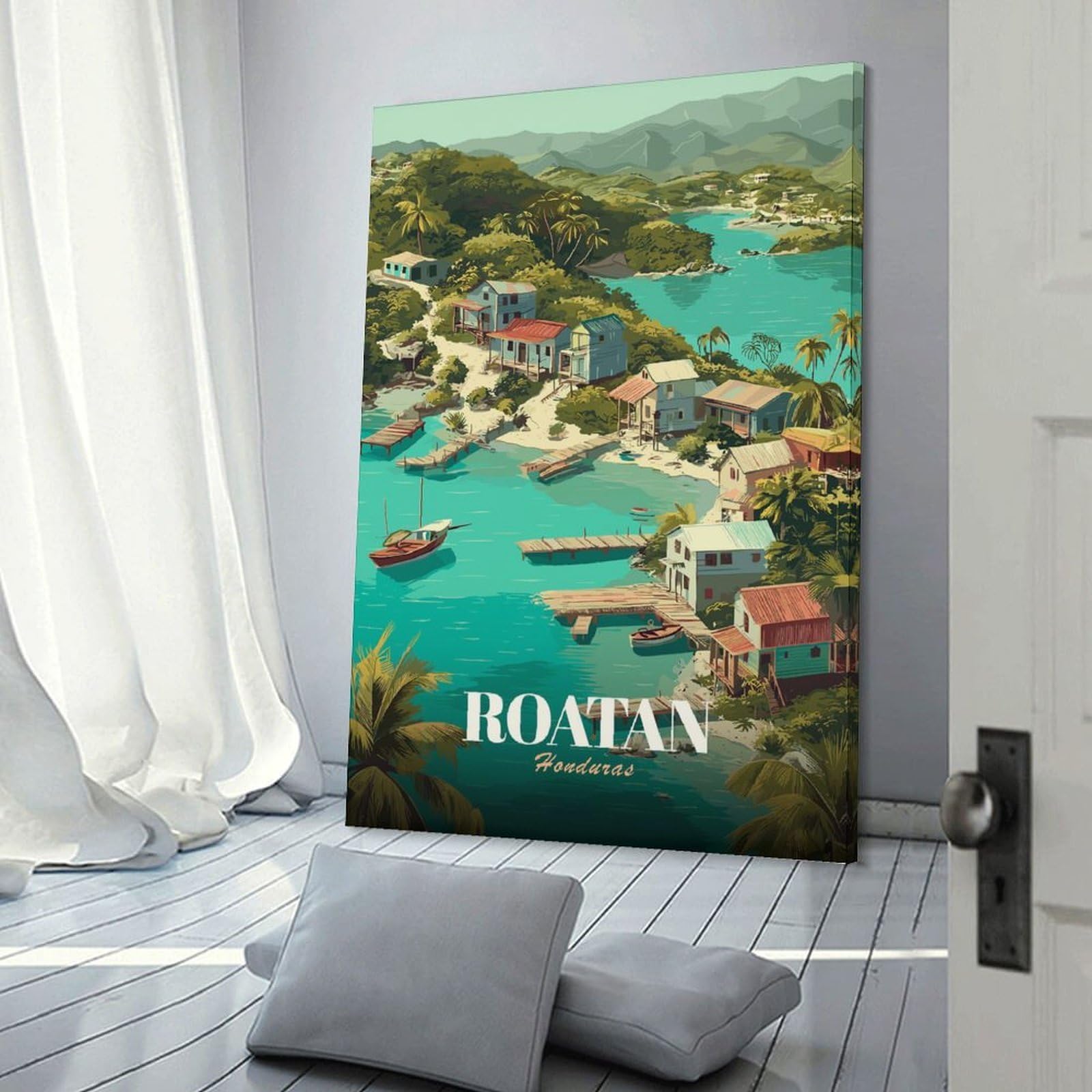 Junmoney Canvas Wall Decor Roatan Honduras Tropical Island Illustration, 08x12inch(20x30cm), for Bedroom Decor, Cosy Corners Or Studios, Decorative Wall Art for Cosy Rooms