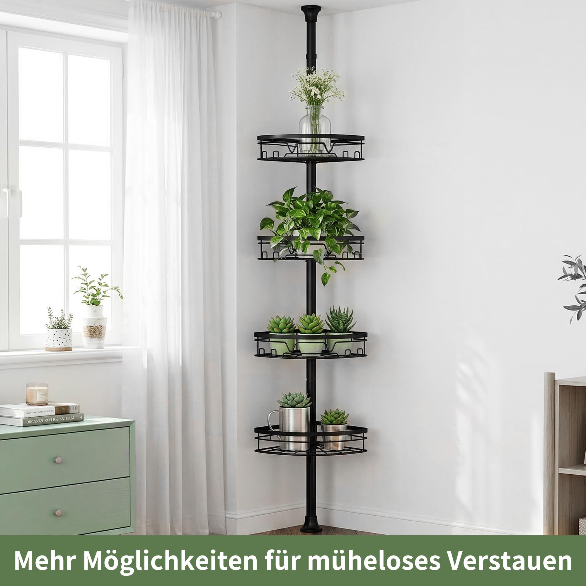 KEGII Teleskop Duschregal - 4 Tier Duschregal Ohne Bohren Teleskopregal Ecke Shampoo Halterung für Dusche(63,5-290 CM, Schwarz)