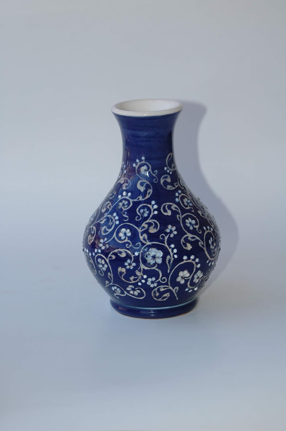 Armenian Ceramic Vase – Handcrafted Medium Size – Blue & White with Engraved Apricot Flowers – Hand-Painted Decorative Art – 6" Height – NoyArt