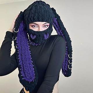 XKCL Bunny Hat - Funny Bunny Ears Hat, Knit Plush Bunny Hat, Bunny Long Ears Fluffy Hat Cosplay Party Hat. (Black Purple)