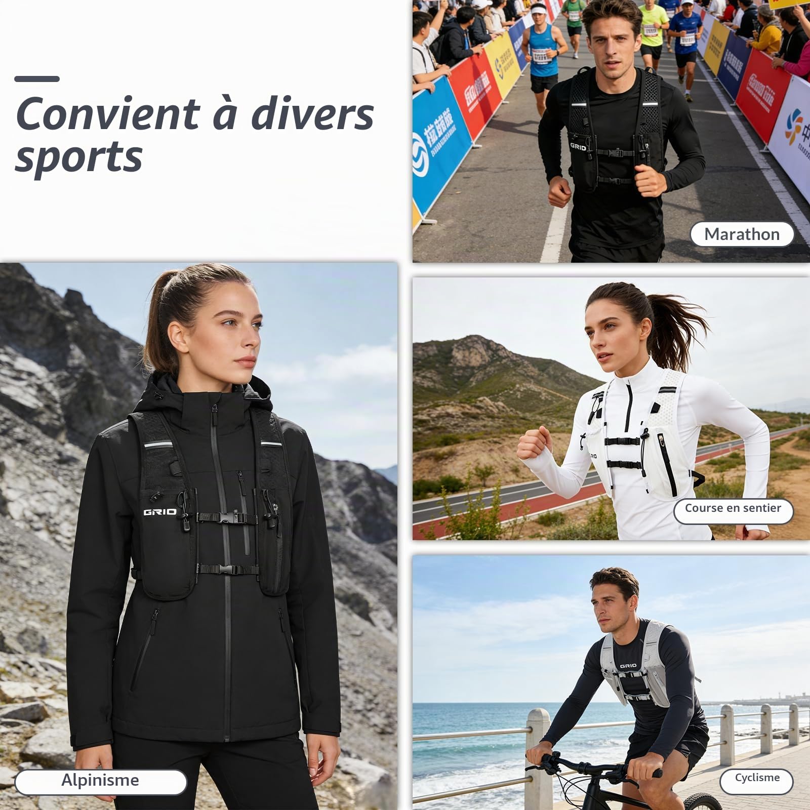 Gilet de course pour homme et femme, sangles de poitrine réglables, gilet d'hydratation avec poche d'eau de 1,5 L, léger, respirant, réfléchissant, pour marathon, sentier, randonnée, cyclisme