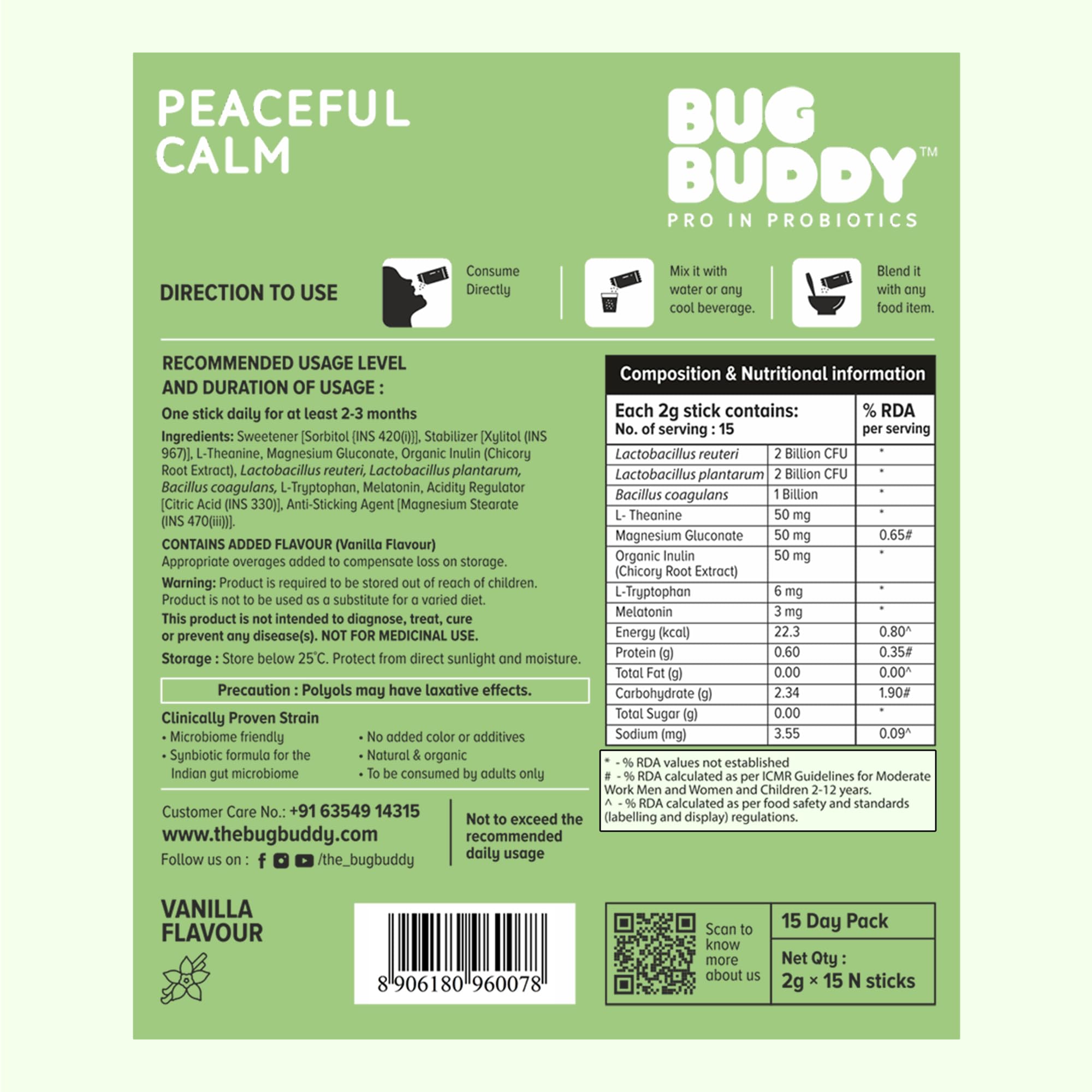 Bug Buddy - Peaceful Calm | Non-Habit Forming | Sleep Supplement with Magnesium, Melatonin and Probiotic | For Restful Sleep, Stress Relief & Gut Health | 15 Days Pack 3