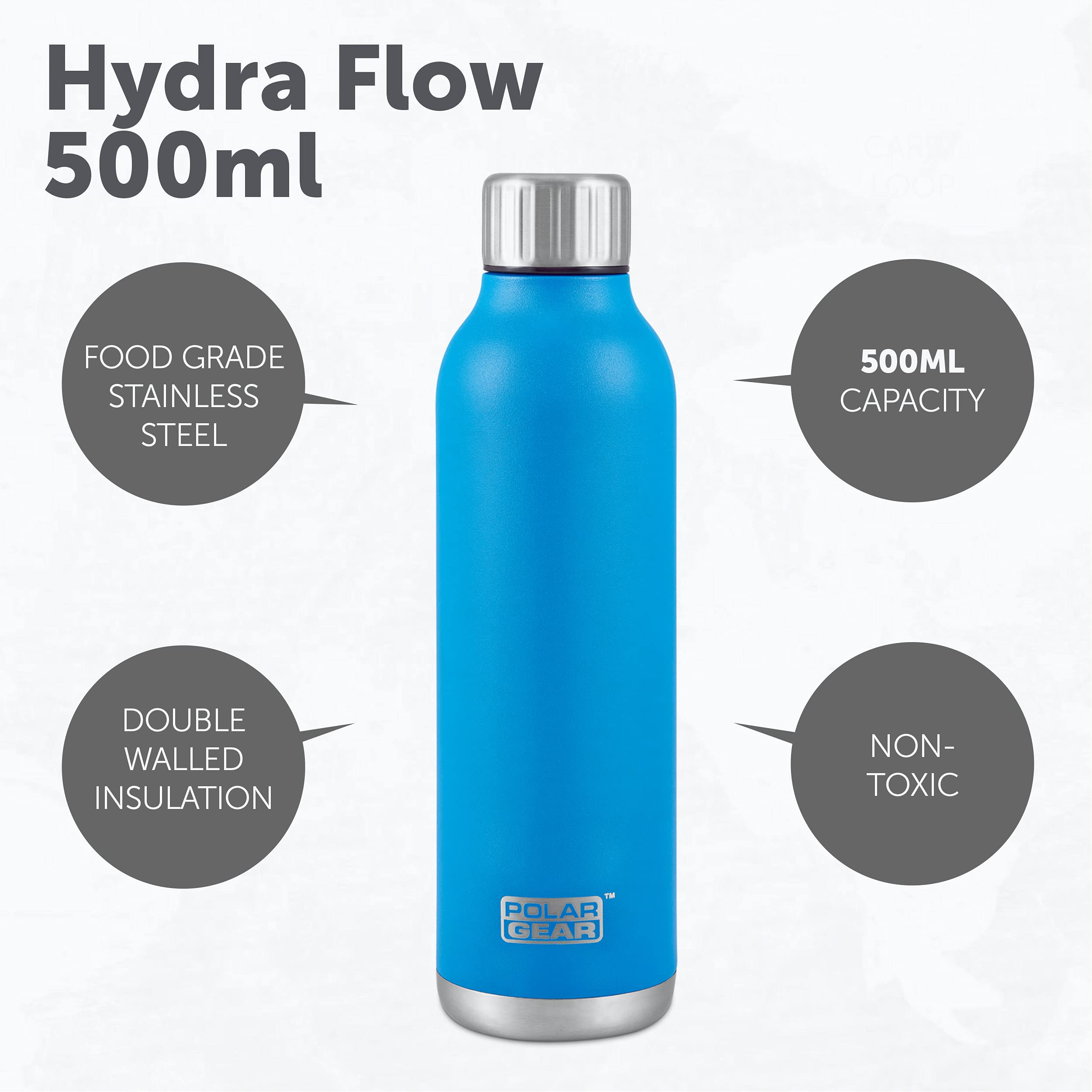 Polar Gear Stainless Steel Water Bottle 500ml Vacuum Insulated Metal  Water Bottle, Double Wall, Leakproof Drinks Bottle 12H Hot, 24H Cold