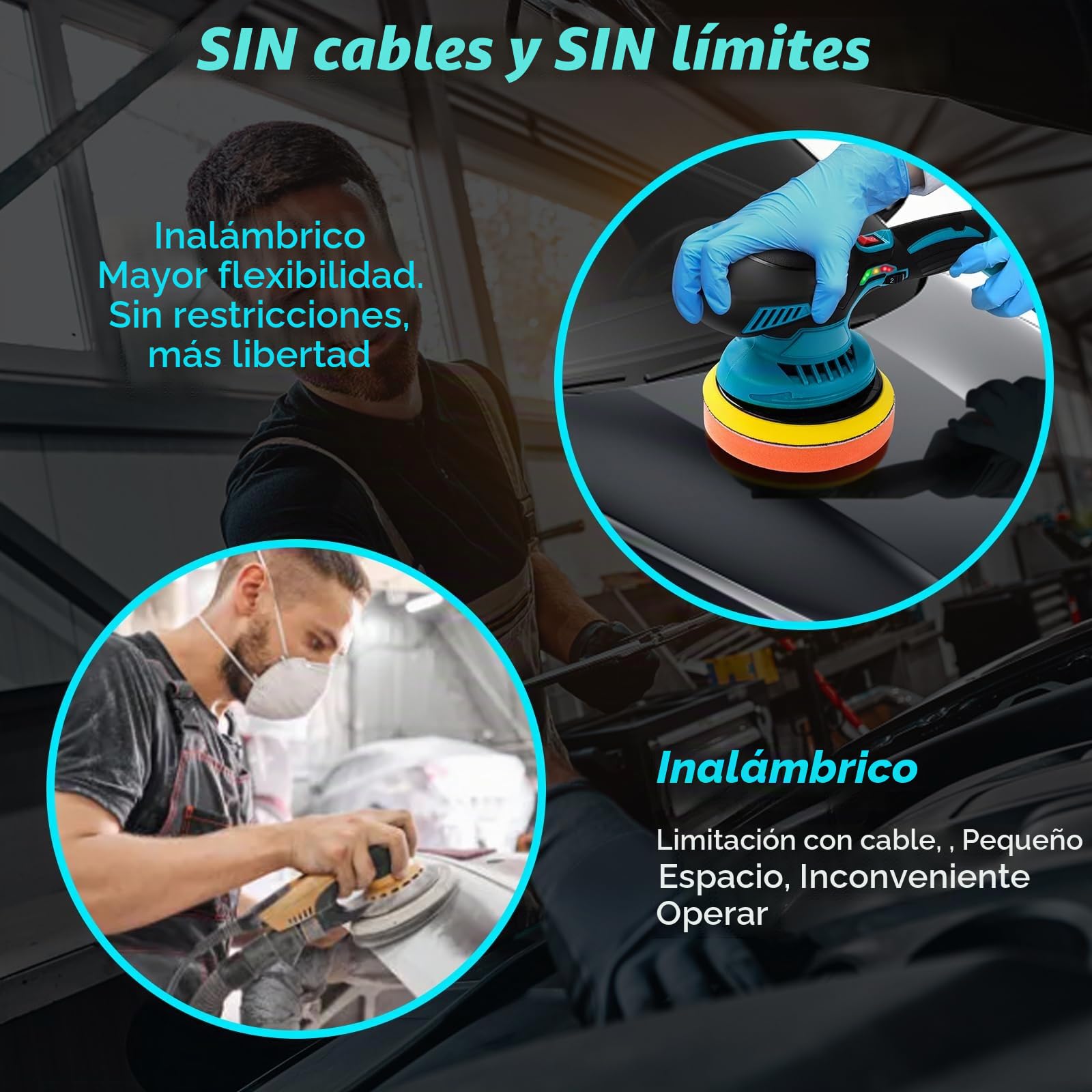 Pulidora Inalámbrica 21V, Máquina de Pulir y Encerar Coches, 6 Velocidades Variables Pulir de 5500 RPM, Pulidora para Encerar y Eliminar Arañazos del Coche, con 2 Baterías y Accesorios