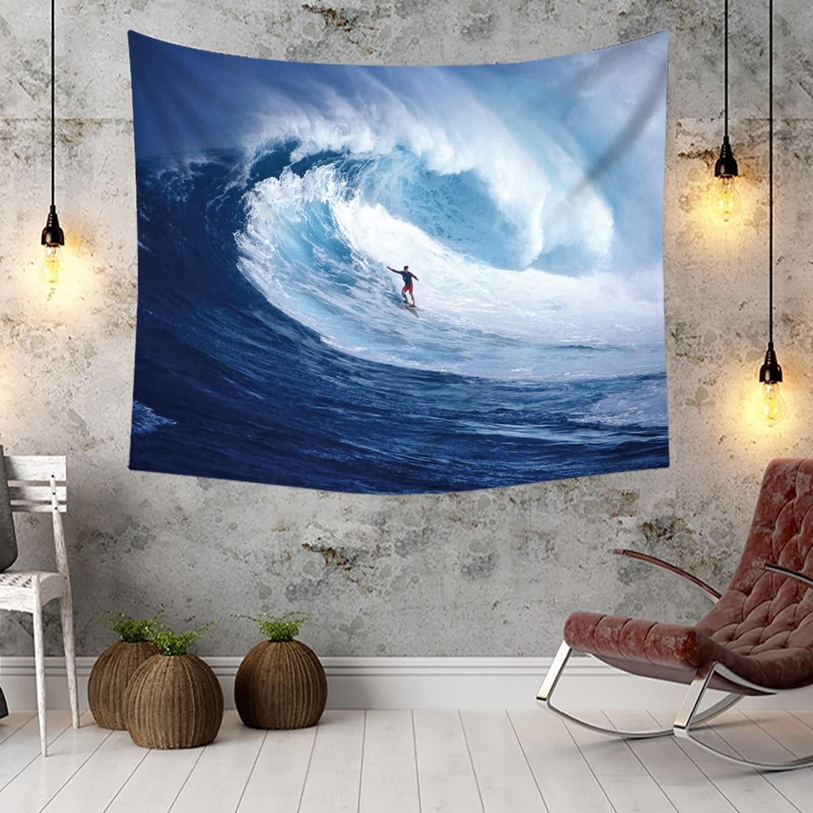 KnSam Dywan ścienny, ocean, fala morska, surfer 300 x 256 cm, chusta ścienna, ciemnoniebiesko-biała z poliestru, naturalny krajobraz, gobelin ścienny, do pokoju, akademika, sypialni