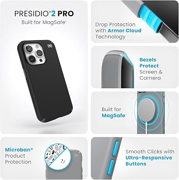 Speck iPhone 15 Pro Case - Drop Protection - Scratch Resistant, Soft Touch, 6.1 Inch Phone Case - Presidio2 Pro Black/Slate Grey/White