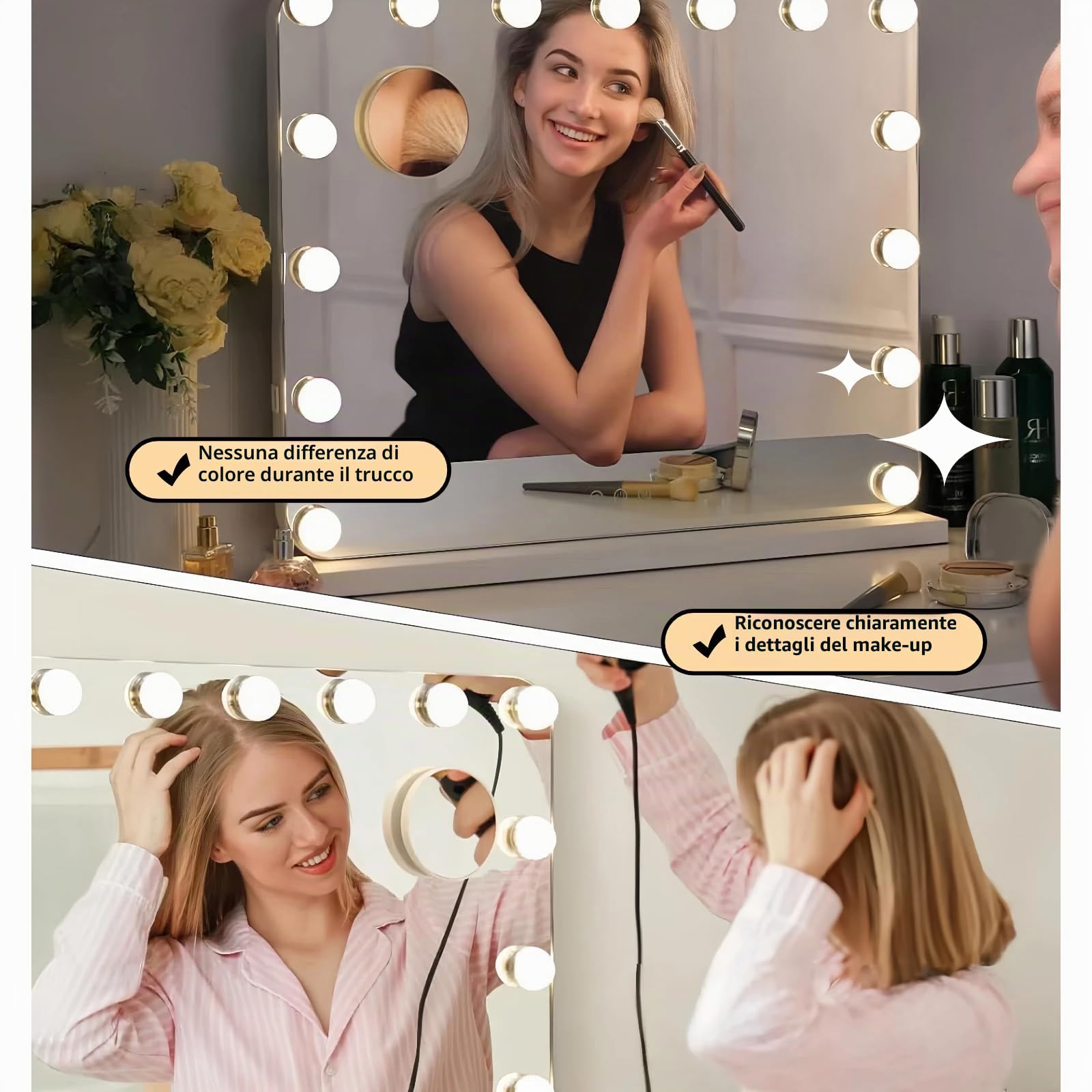 Clevich Hollywood Specchio Trucco con Luci,50 x 40 cm Specchio con 15 Luci LED, 3 modalità Luce e controllo touch, porta USB, Specchi da parete o da tavolo (bianco)