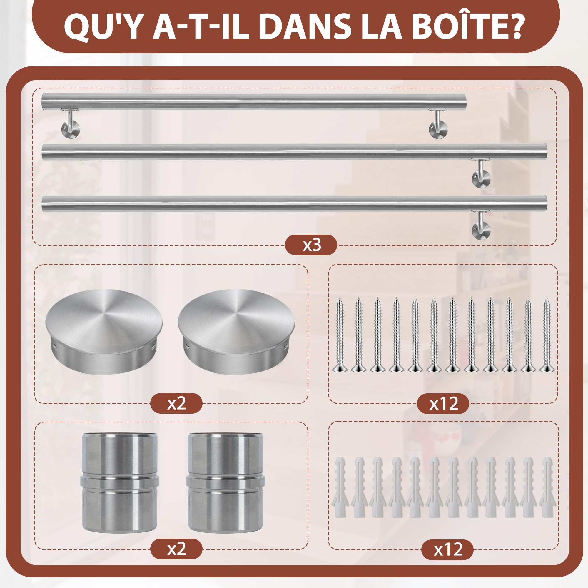 OUUTMEE 250CM Main Courante pour Escaliers en Acier Inoxydable, rond Ø 42 mm, Rampe d'Escalier Murale avec Support, Intérieure/Extérieure Main Courante pour Escaliers/Grenier/Terrasse/Porche et Garage