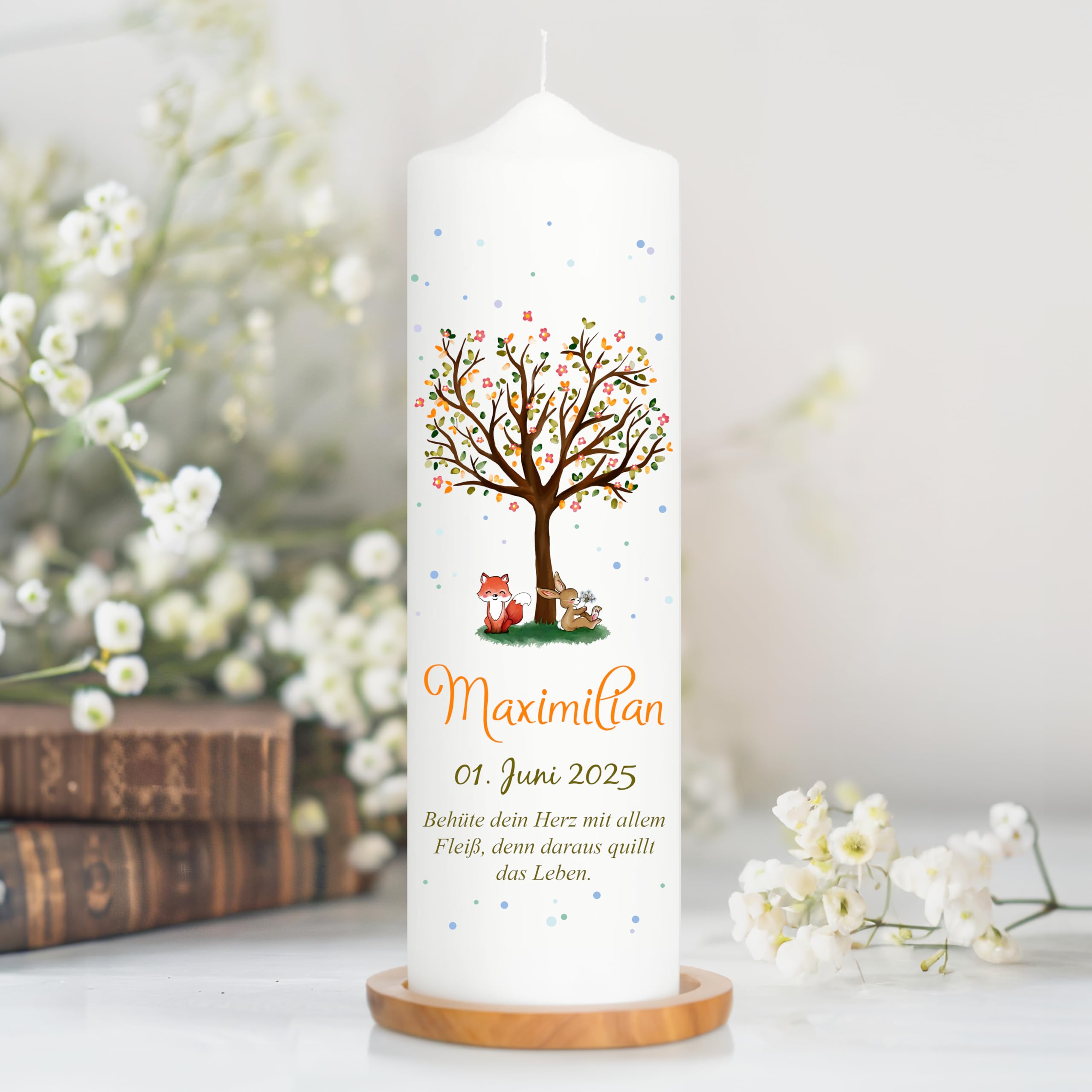 Wandtattoo Loft Taufkerze Junge Motiv Baum mit Hase und Fuchs, 25cm x 7cm, personalisierte Kerze, bedruckte Kerze zur Taufe, Stumpenkerze, individuelles Taufgeschenk