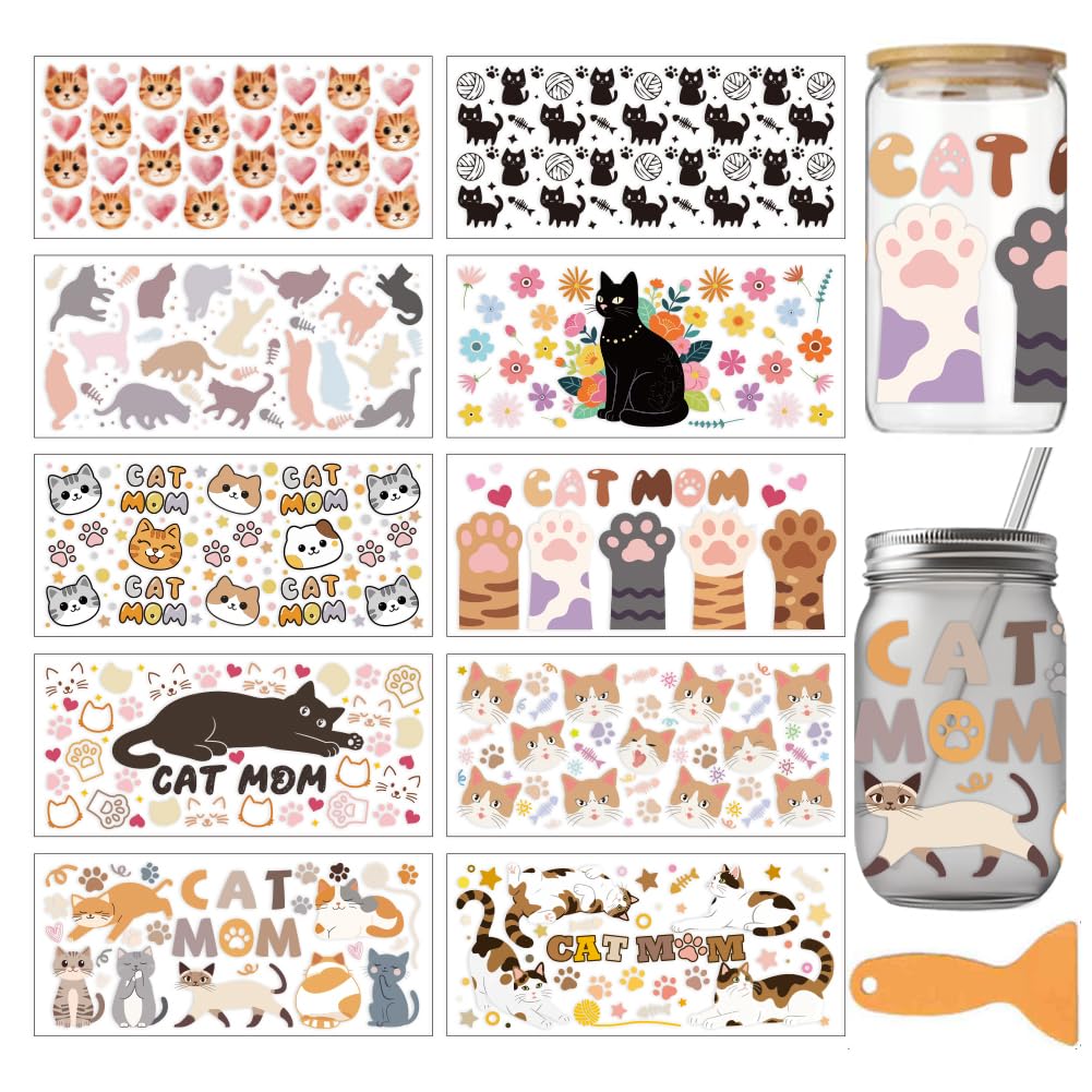arricraft 10 Pcs Cat Mom Theme PVC Cup Transfer Stickers, Colorful Cat Paw Flower Pattern UV Waterproof Cup Sticker for 16 oz Glasses Window Home Printing Decoration 24x11cm