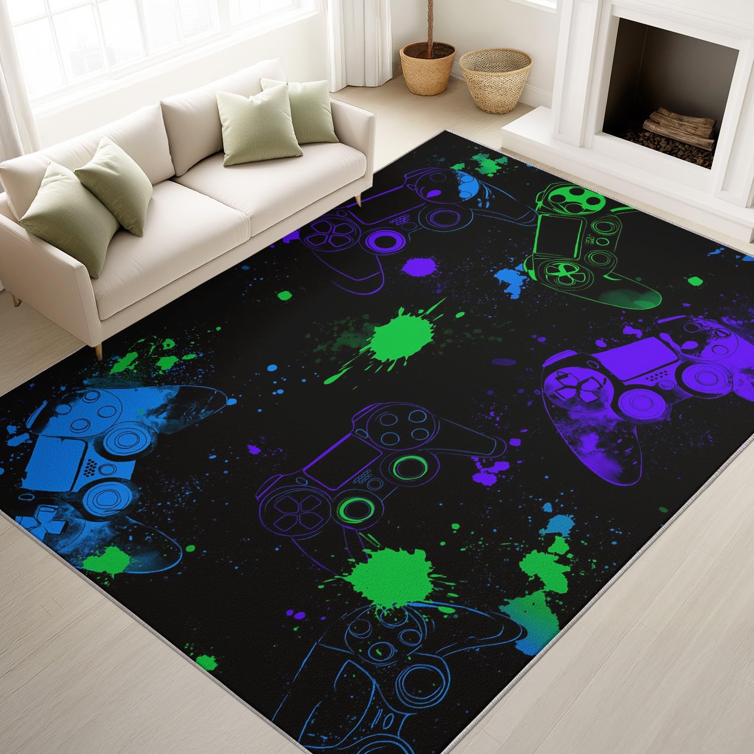 Tapis à poils courts 200x300 cm avec motif manette de jeu pour décoration chambre gamer