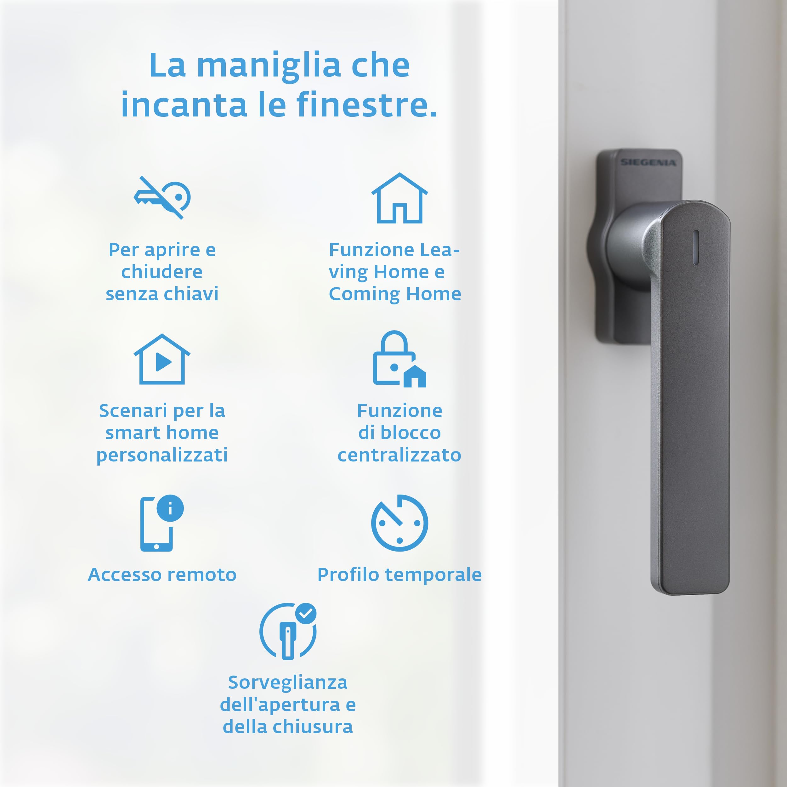 Maniglia smart per finestre SIEGENIA 2° gen. antracite - Compatibile con Matter per l'inserimento nelle reti della smart home con sorveglianza dello stato, blocco centralizzati tramite accesso remoto