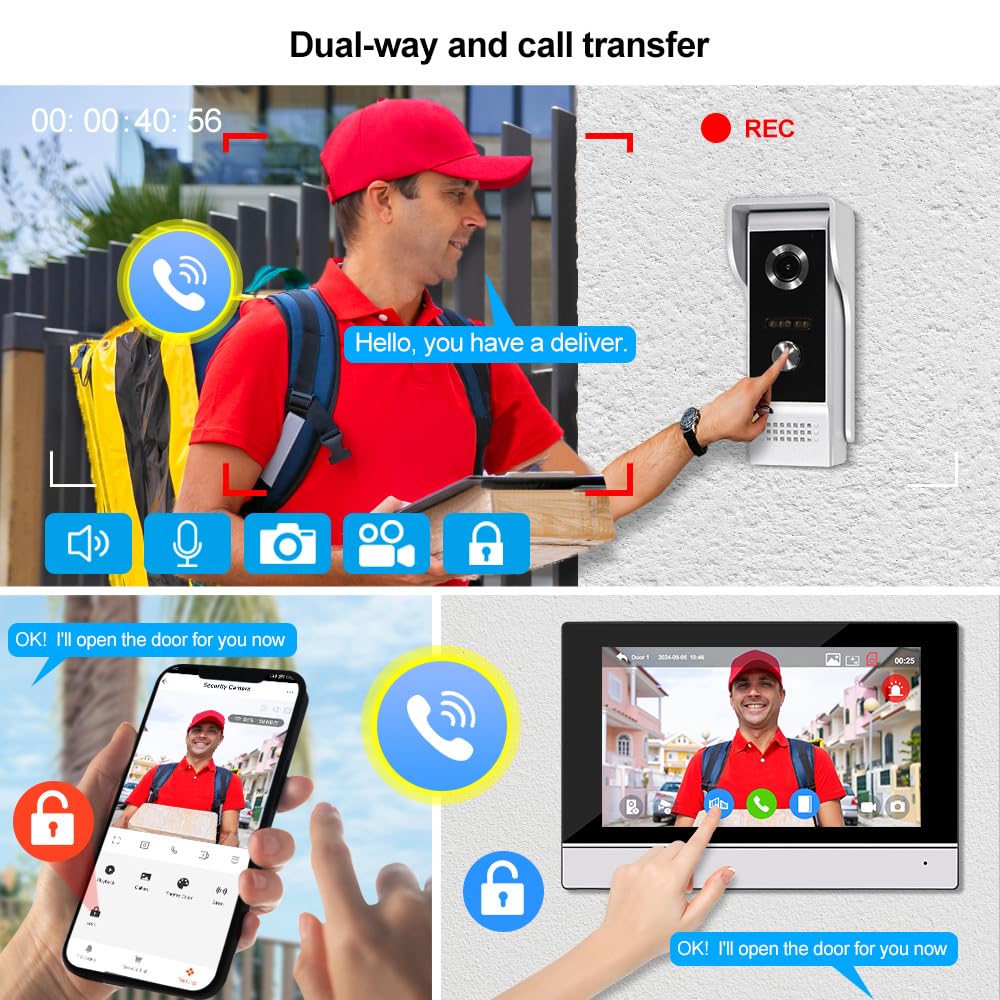 YiToo Sistema de intercomunicación de teléfono con cable de 7 pulgadas, monitor interior 1080P, pantalla táctil con infrarrojo HD, timbre al aire libre, conexión WiFi Tuya APP para villa, hogar