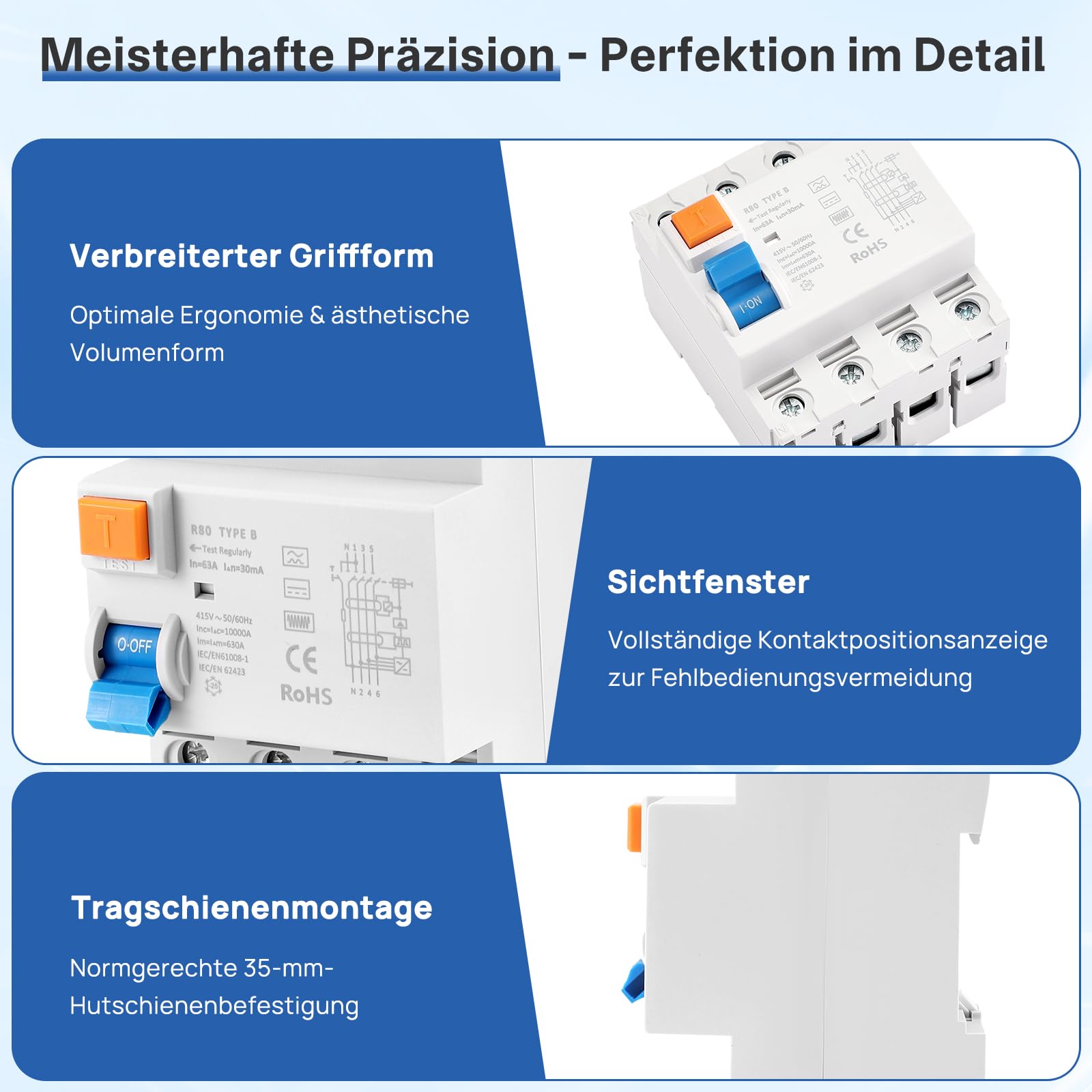 FI Schutzschalter,FI Typ B 40A/63A 4 Polig 30mA Allstromsensitiv RCD für Wallbox Ladestation Photovoltaik Wechselrichter DIN Hutschiene mit DC Fehlerschutz EN61008 (63A)