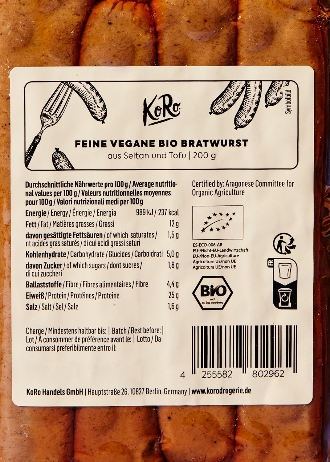 KoRo - Saucisse vegan "bratwurst" bio 12 x 200 g