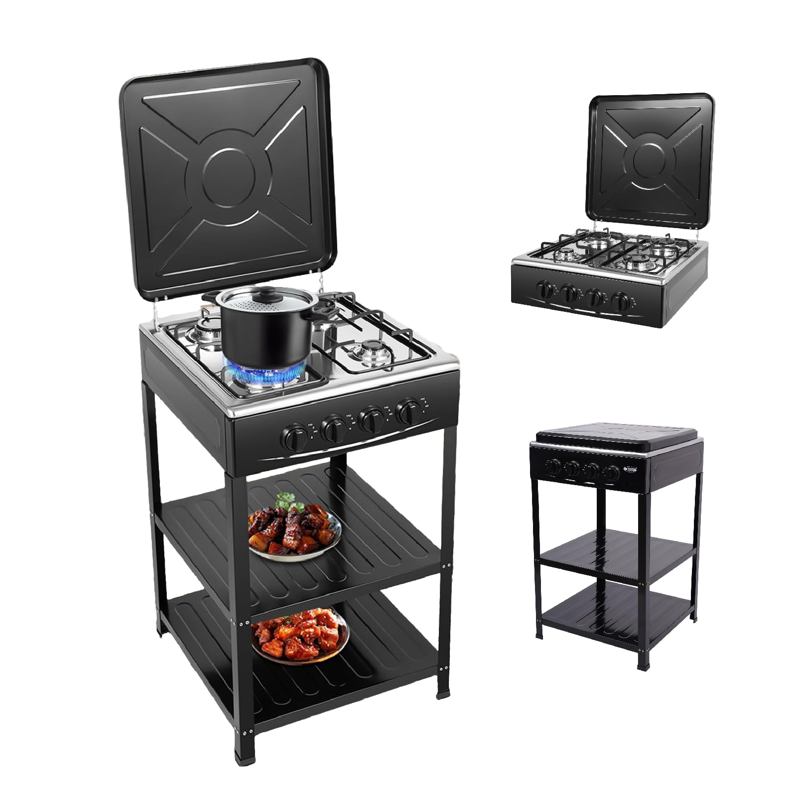 Hornillo de gas para interiores, 49 x 49 x 79 cm, cocina de gas para camping con cubierta extraíble y pies antideslizantes, agujeros de disipación del calor, cocina de gas independiente, 4 fuegos para