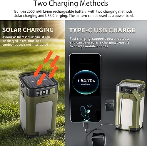 Miniatura 5 de Linterna solar LED para camping, portátil, IPX4, impermeable, recargable, con carga solar de 2000 mAh e indicador de potencia LED, linterna con 6