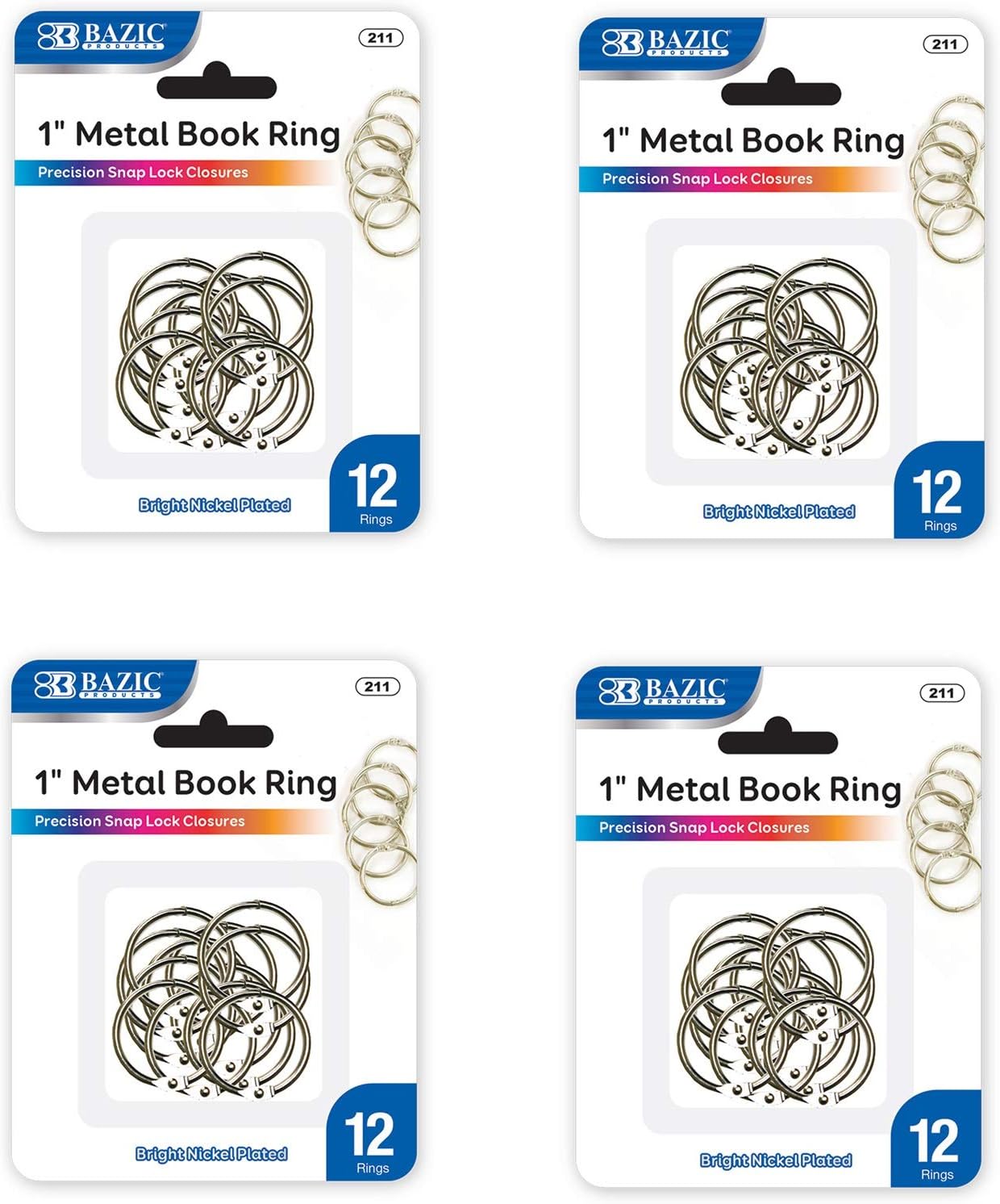 BAZIC Metal Book Rings, 1 Inch, Silver for School, Home, or Office, 12 Per Pack, Sold as 4 Pack, 48 Count Total