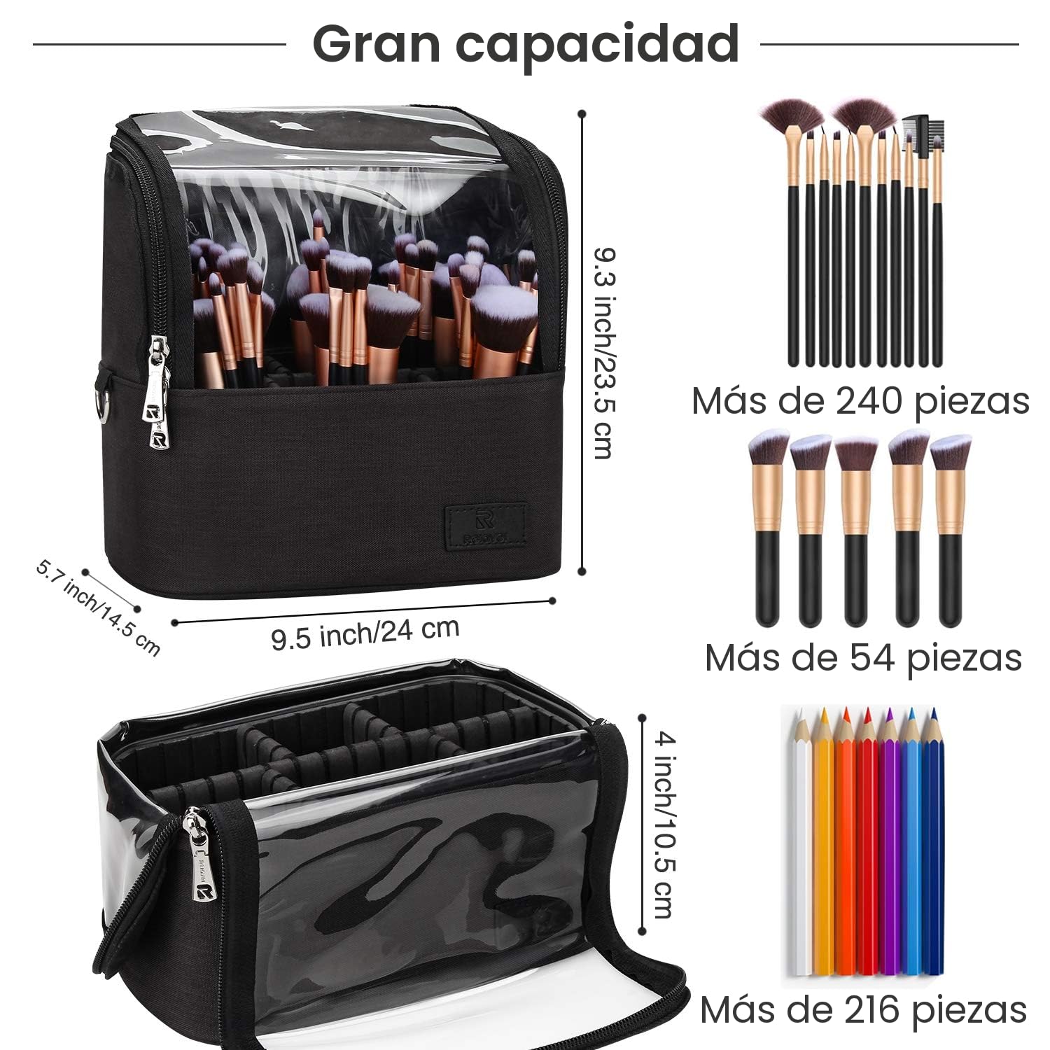 Relavel Estuche de cosméticos profesional organizador de brochas de maquillaje con soporte de correa de cinturón, bolsa de cosméticos multifuncional, bolsa de maquillaje para viajes, Black, L