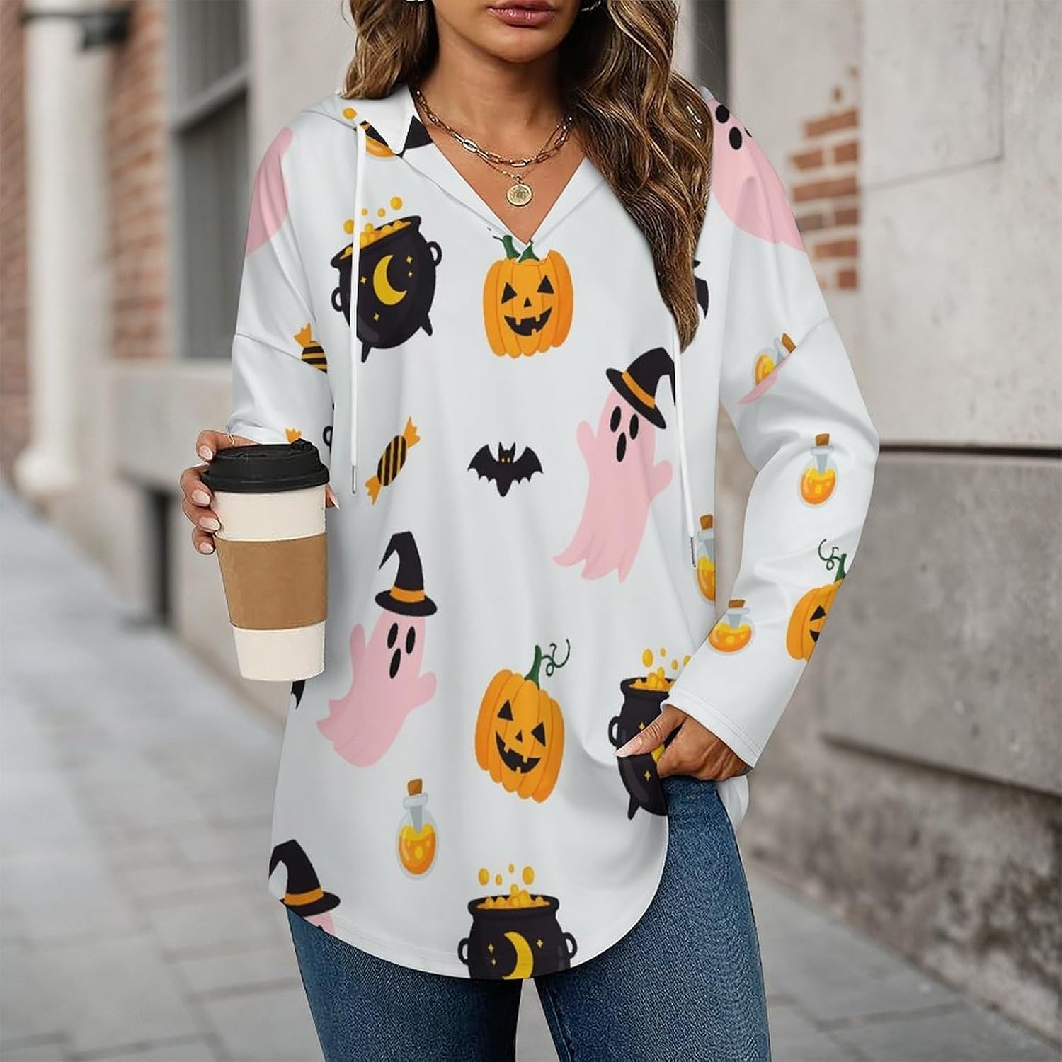 V Neck Hoodies for Women Long Sleeve Lightweight Sweatshirt, Loose Fit Drawstring Pullover Top for Casual Wear