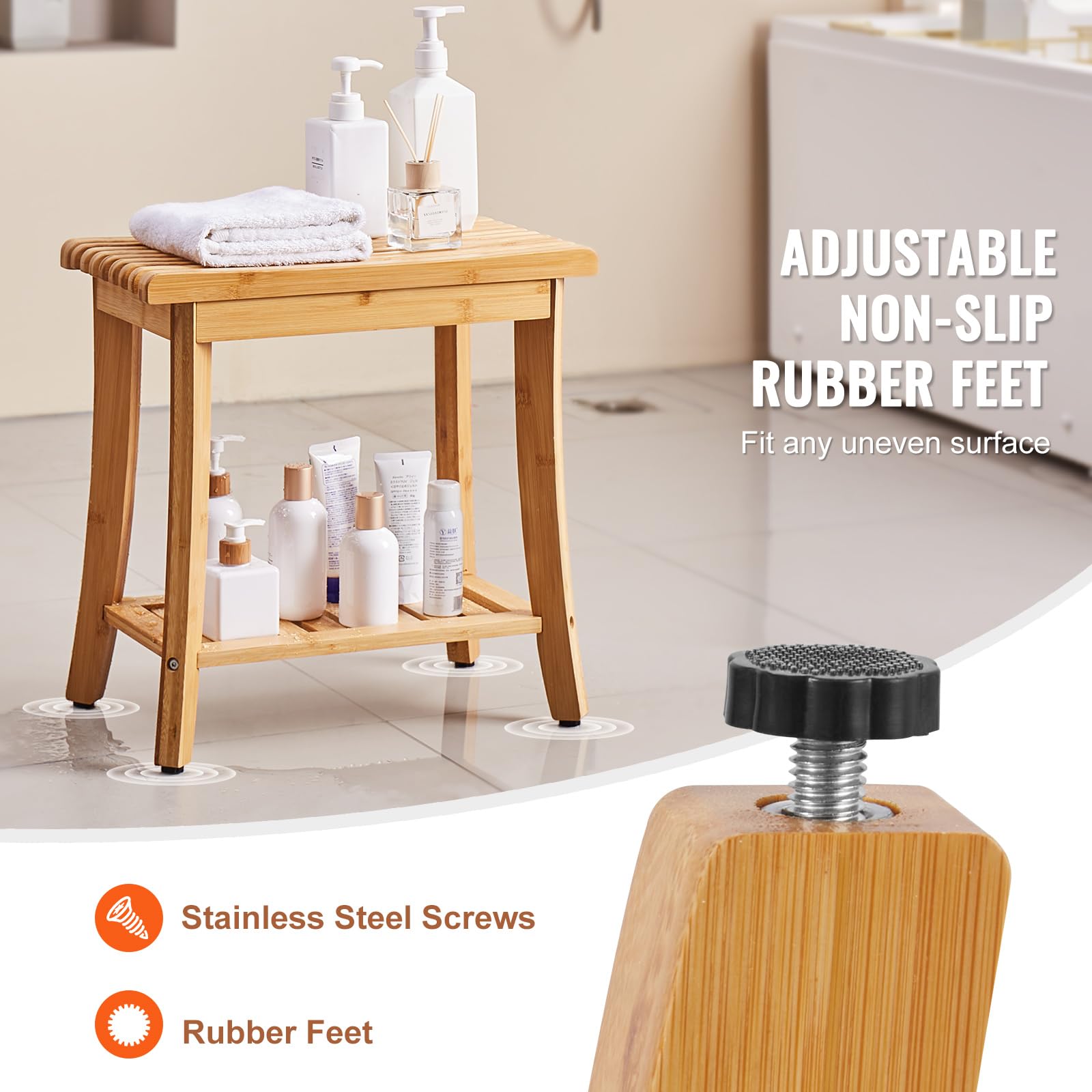 VEVOR Banc de Douche en Bambou, 485 x 288 x 465 mm, Tabouret de Douche étanche avec étagère de Rangement, capacité de 149,7 kg, pour Adultes, Personnes âgées, intérieur et extérieur, Salle de Bain