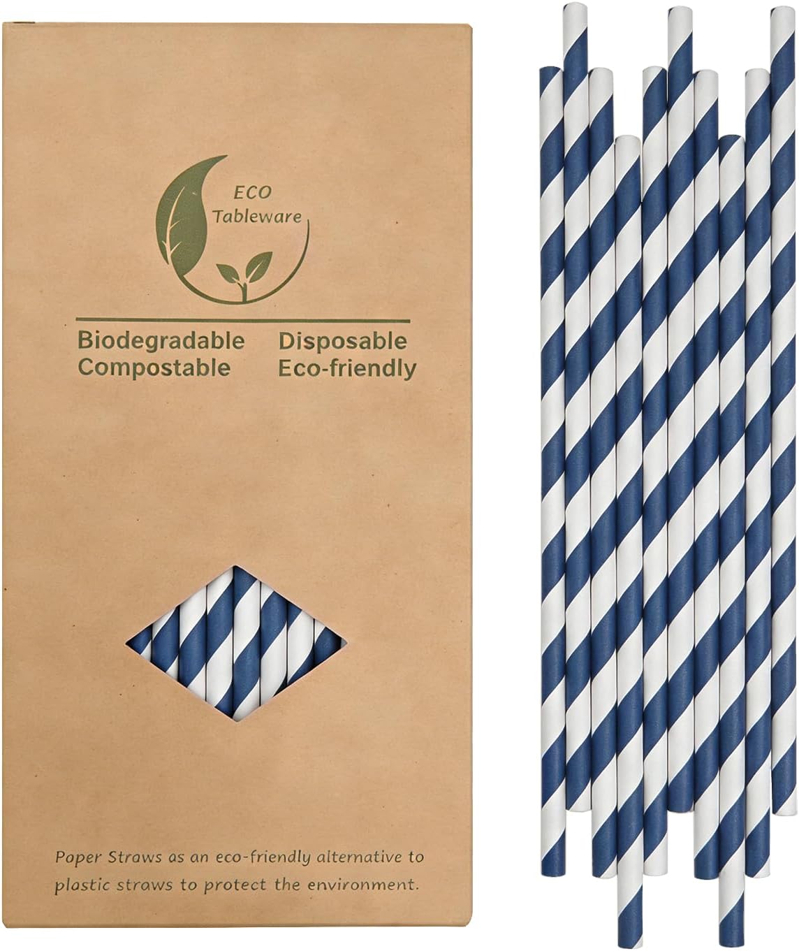 Navy and White Striped Paper Straws, Navy Blue And White Striped Paper Straws for Drinking Cocktail, Long 7.75 inch, Diameter 0.24 inch (100PCS)