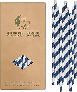 7.8 Inch Blue Striped Paper Straws for Drinking 7.8 inches, 100 Pcs Disposable Blue & White Straws - for Parties, Weddings and Occasions