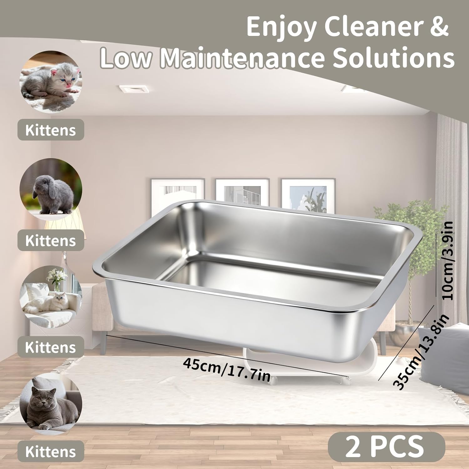 Saim Stainless Steel Cat Litter Box, Metal Kitten Litter Pan Extra Large Open Top with High Sides Cats Toilet,Easy to Clean Non-Stick Surface, No Tracking for Cats,Kitty,Rabbits (Large, Count, 2)