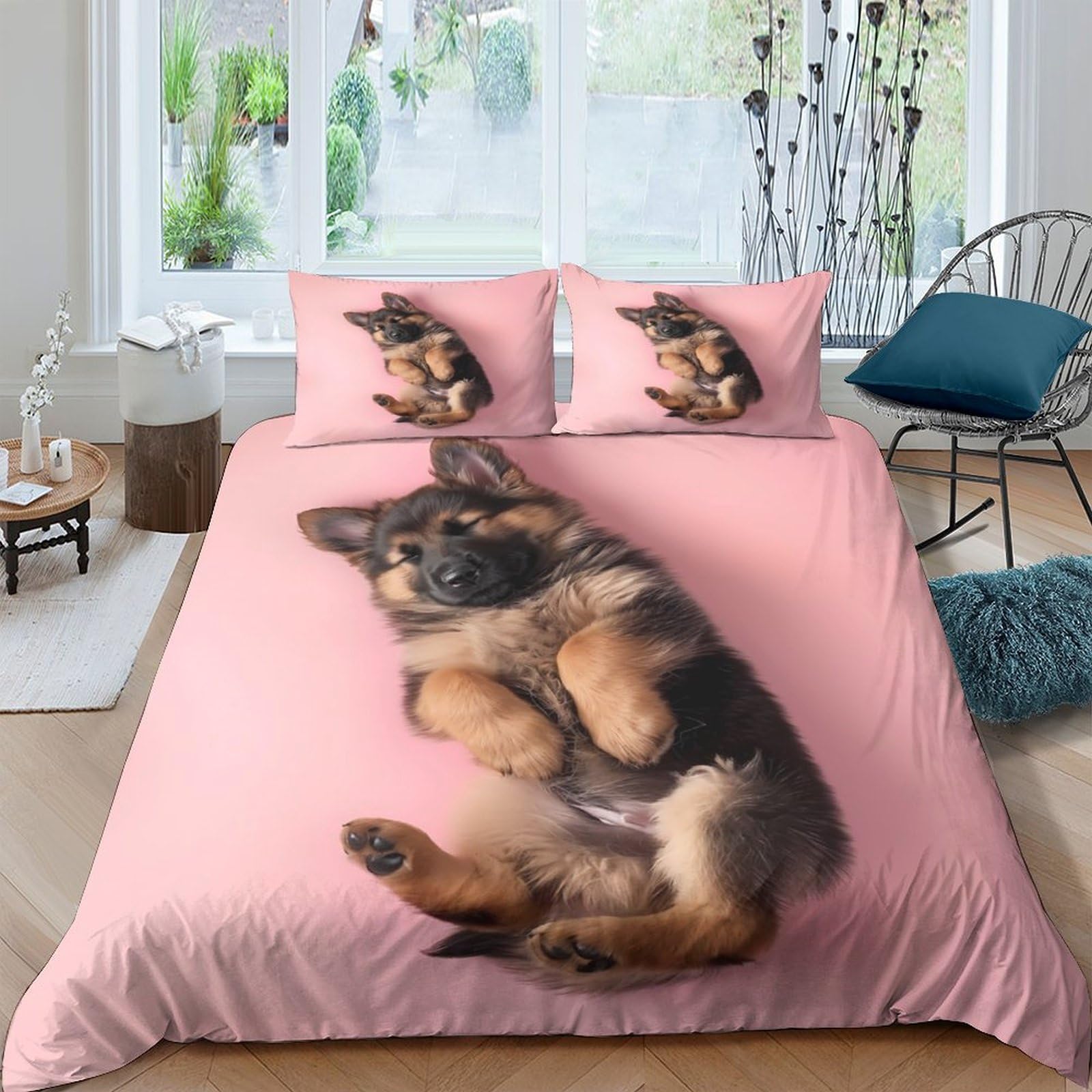TUFRTGYHN 3D Printed German Shepherd Dog Duvet Cover Microfiber Soft Pink Animal Bedding Set with 2 Pillowcases for Bedroom Decor Single（135x200cm）