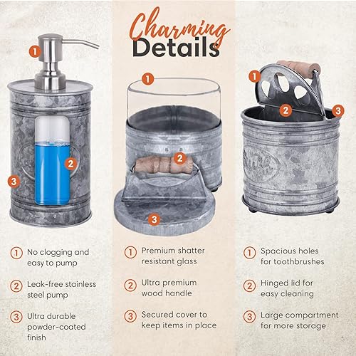 Miniatura 5 de Autumn Alley Juego de 4 accesorios de baño rústicos - Dispensador de jabón galvanizado, soporte para cepillos de dientes rústico, 2 tarros de