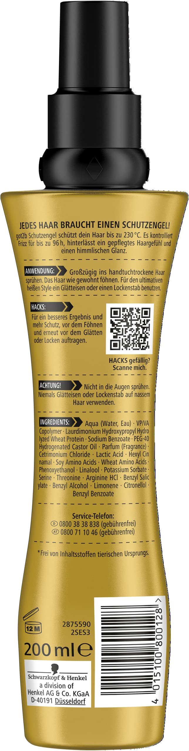 got2b Spray protector contra el calor, ángel de la guarda hasta 230 °C (200 ml), loción de peinado que protege el cabello de daños por calor, para estilos calientes con acabado brillante, no se