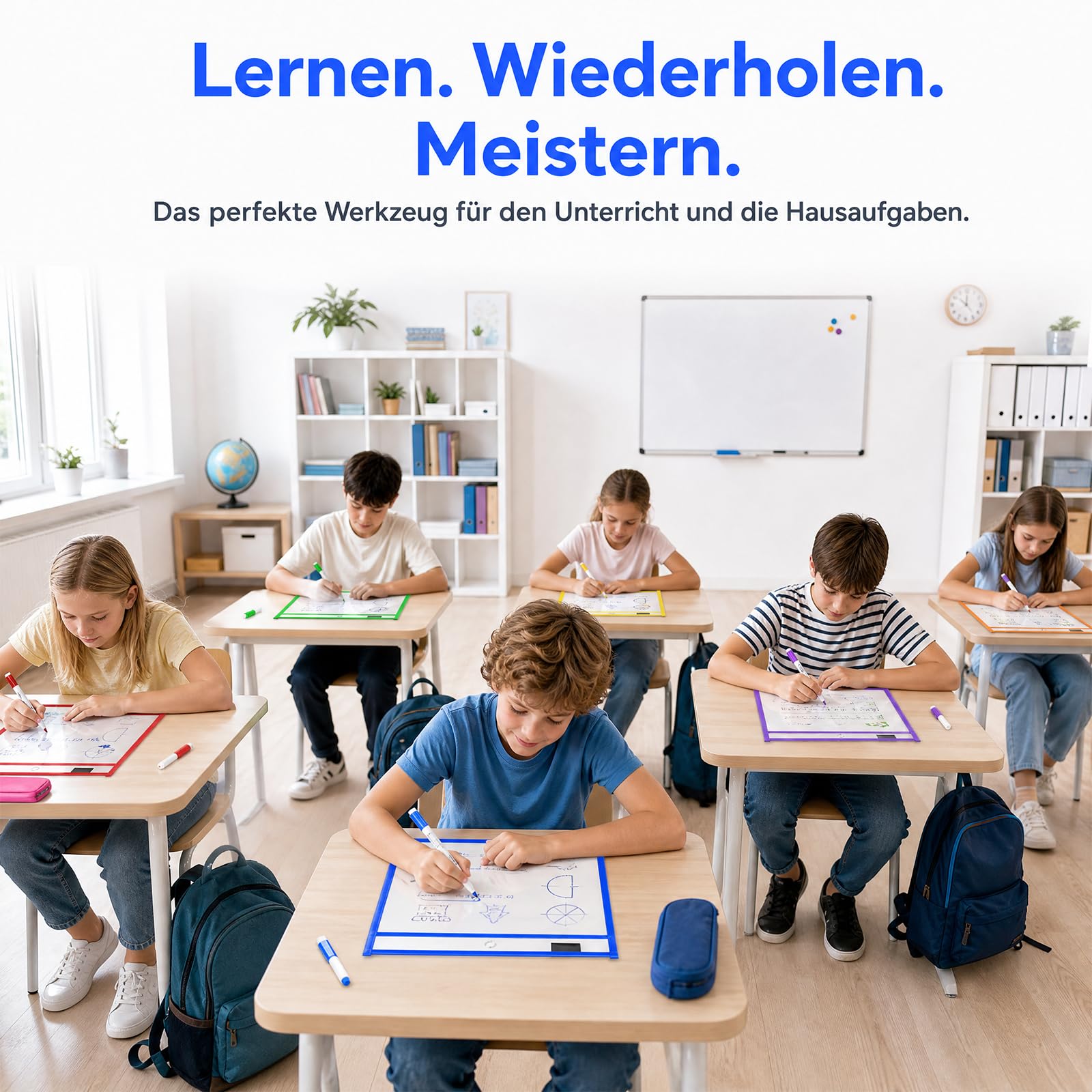 16 Stück Dry Erase Taschen, Abwischbare Durchsichtige Hüllen mit 16 Löschbare Stifte und 3 Radiergummi, A4 Wiederverwendbar Dry Erase Pockets für Schule, Büro, Zuhause