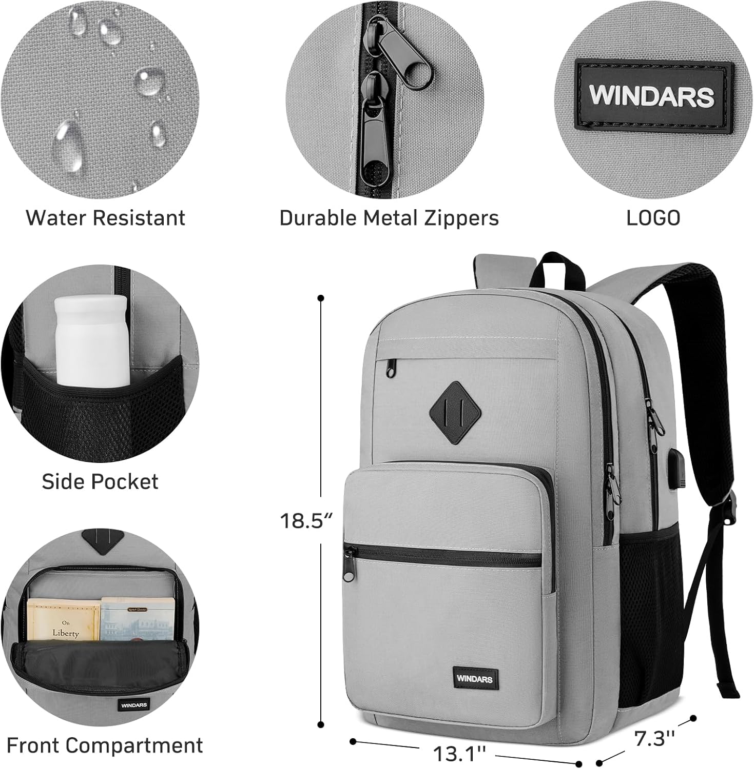 Backpack for Men Women, Durable Casual School Backpacks Teens Boys and Girls Classic 17.3 Inch Laptop Bookbag with USB Charger for College High School Work Travel (Gray)