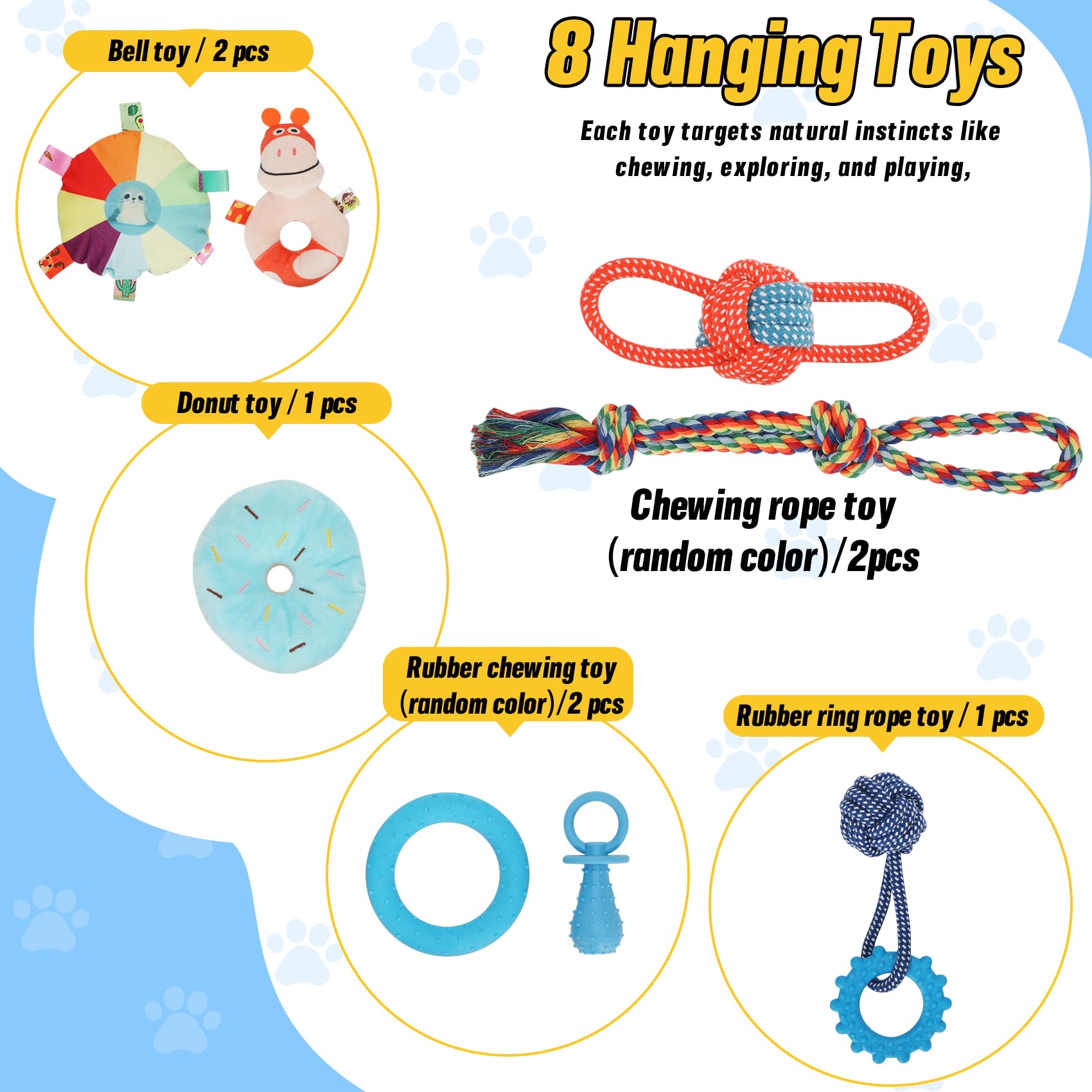 Gymnase de Jeu pour Chiot avec 8 Jouets Suspendus, Salle de Sport d'intérieur avec hamac et Jouets d'enrichissement Amusants, Cadre en PVC, Centre d'activités pour Chiots